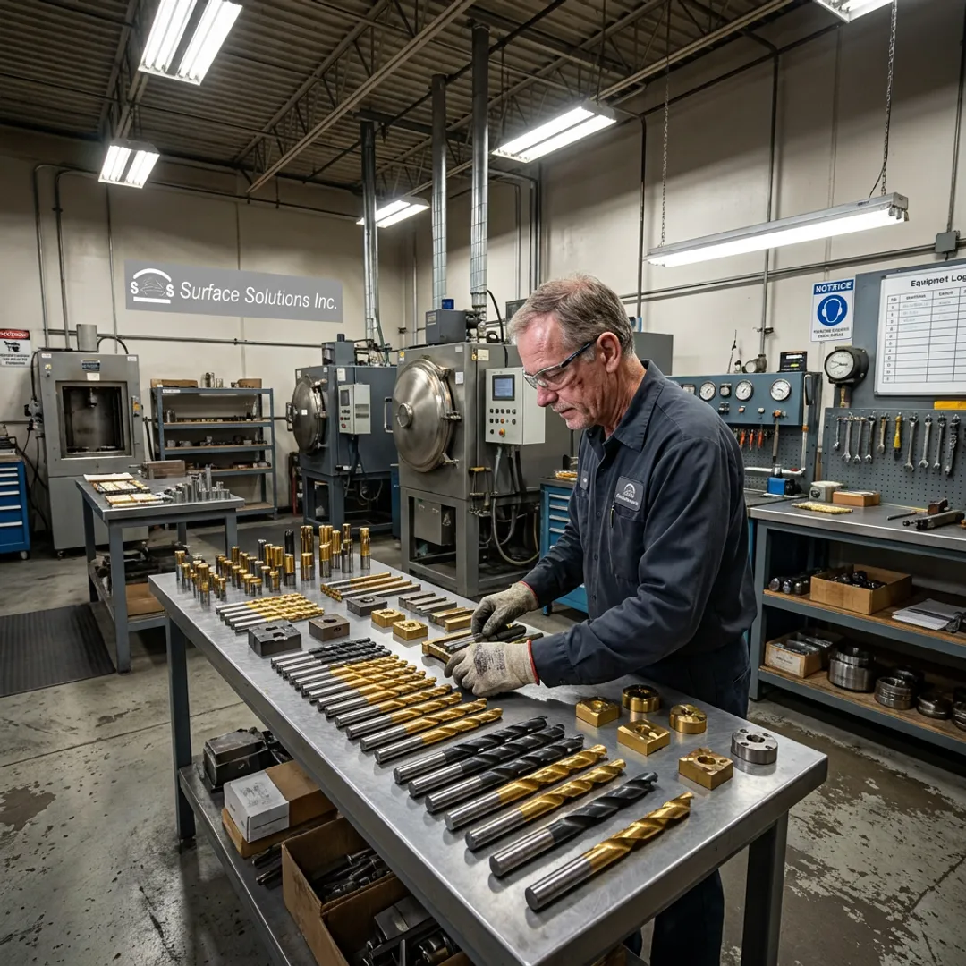 Industrial coating technician inspecting coated metal tools