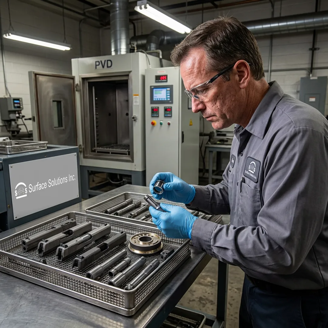 Technician inspecting firearm components before coating