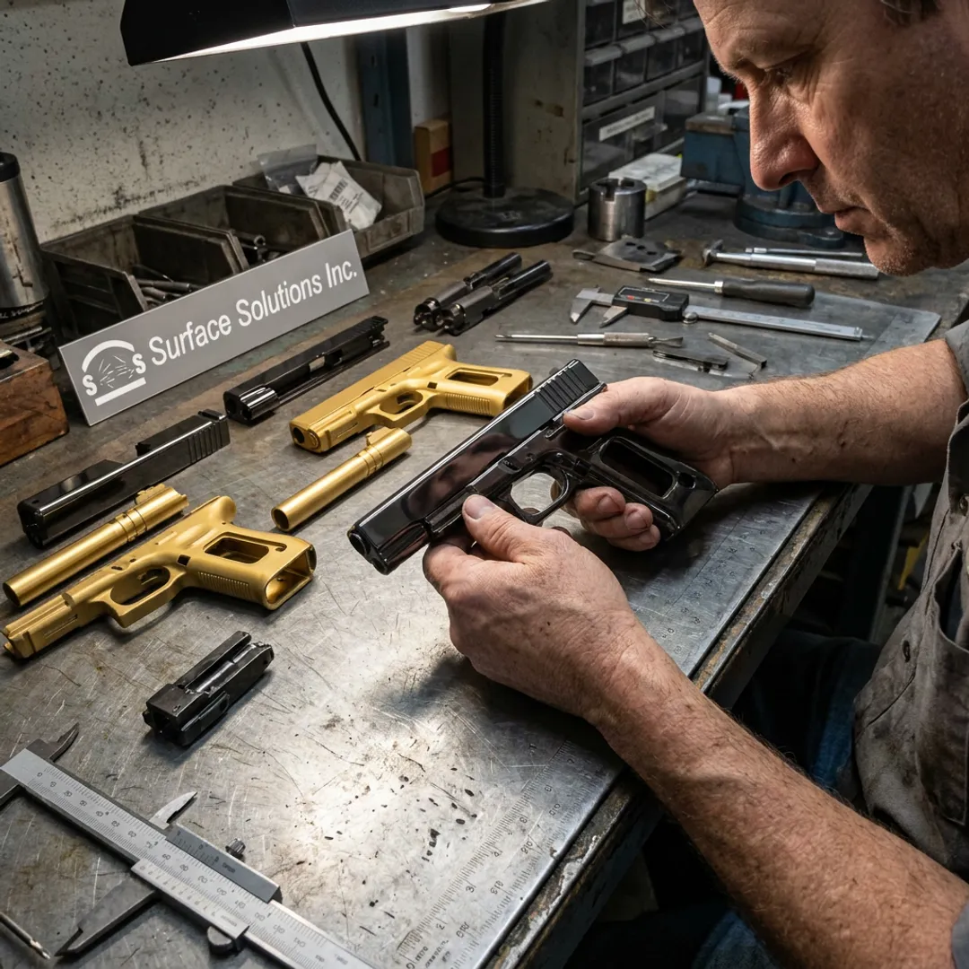 Technician inspecting coated defense metal components