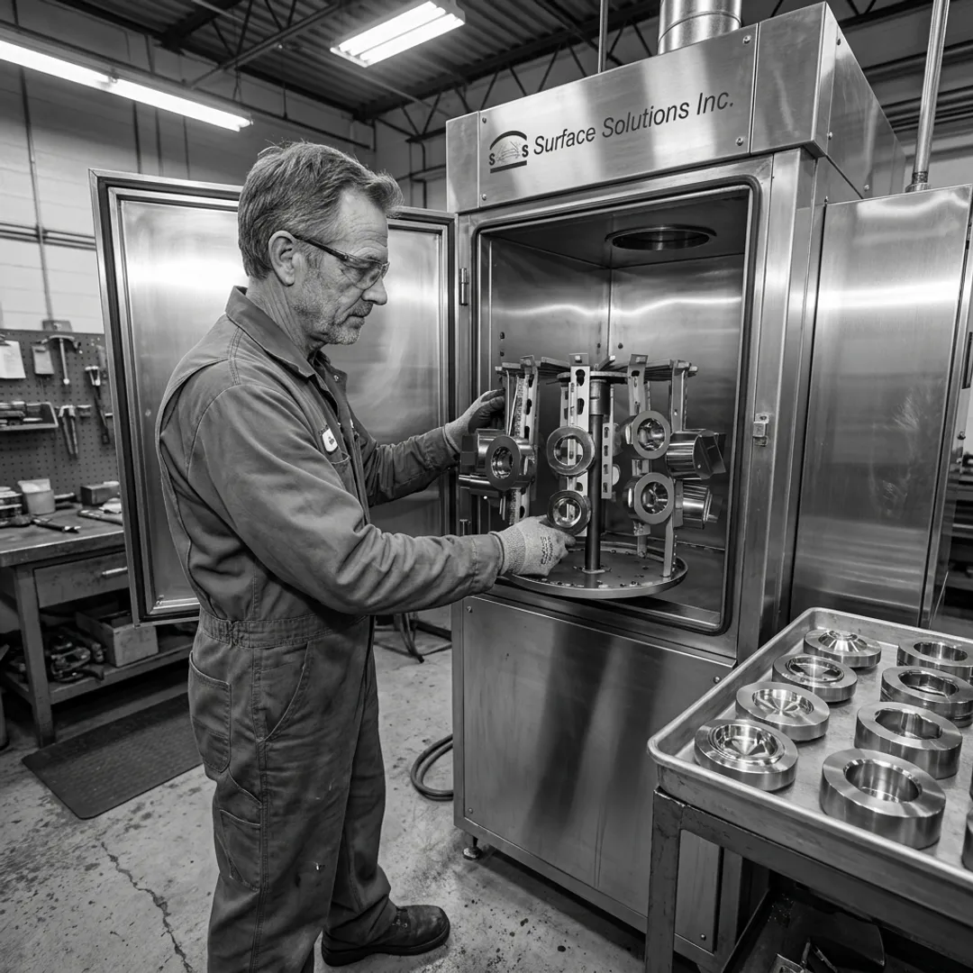 Technician preparing extrusion dies for coating