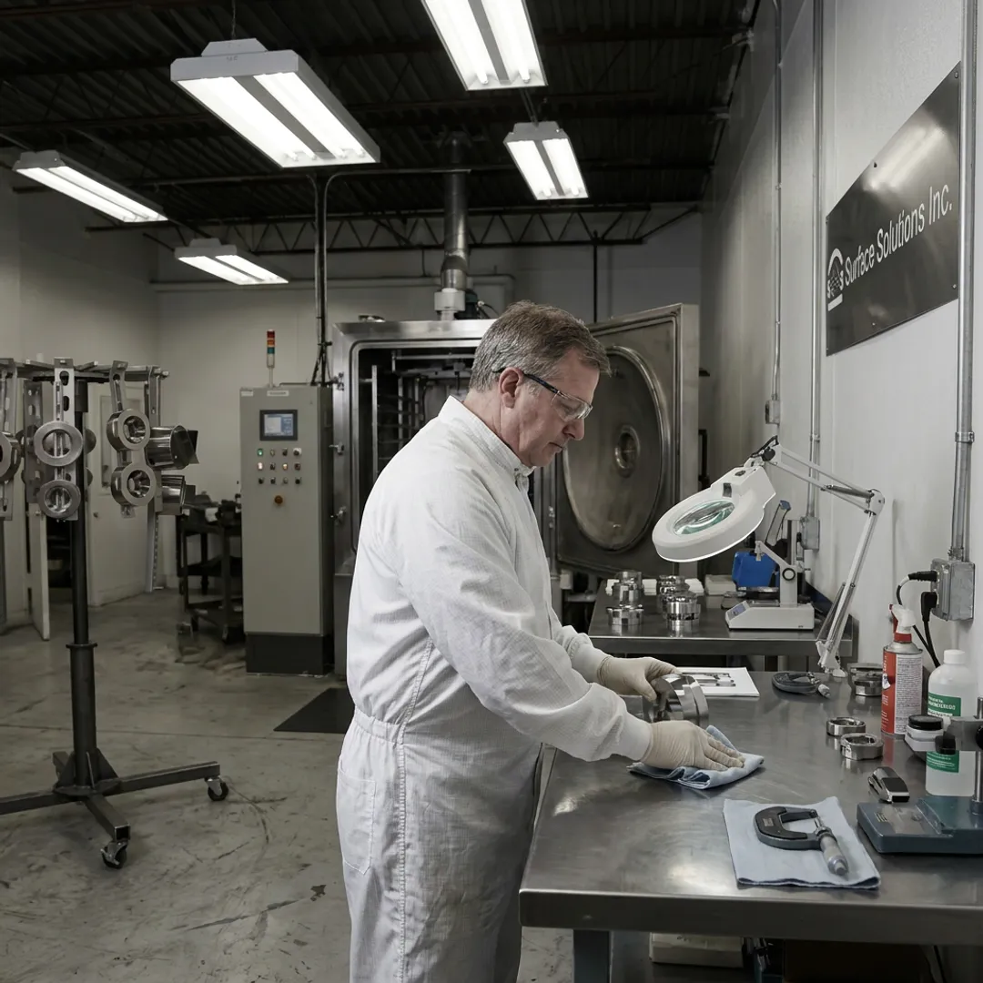 Technician preparing aerospace tooling for PVD coating