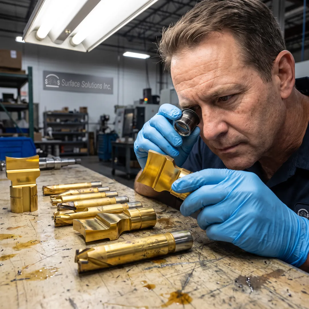 Technician inspecting TiN-coated tooling