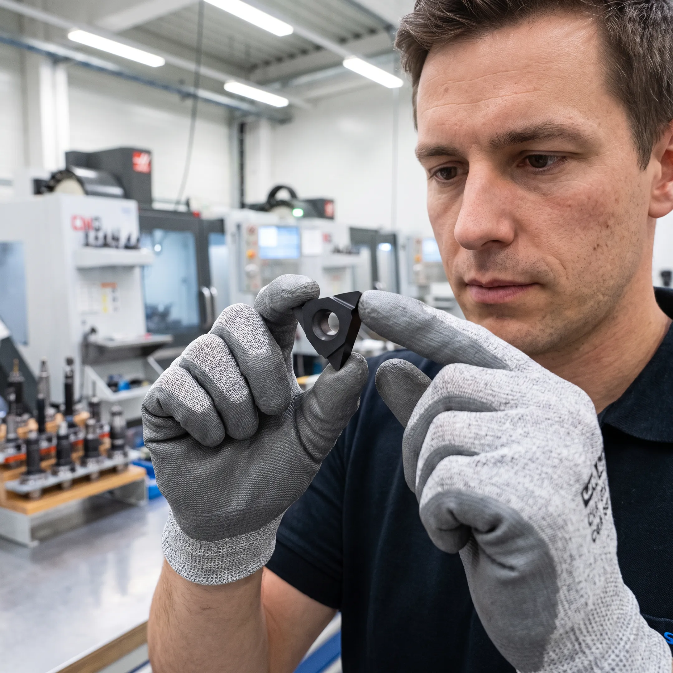 Technician inspecting coated industrial tooling