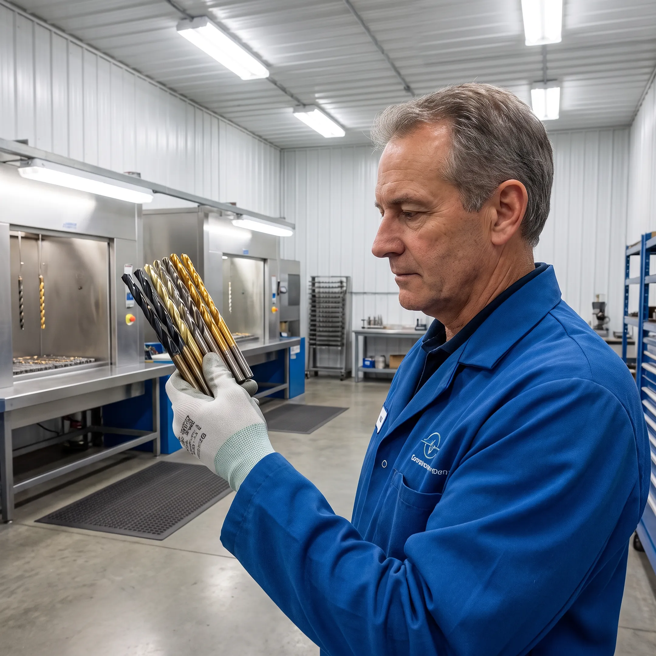 Technician inspecting coated drill bits
