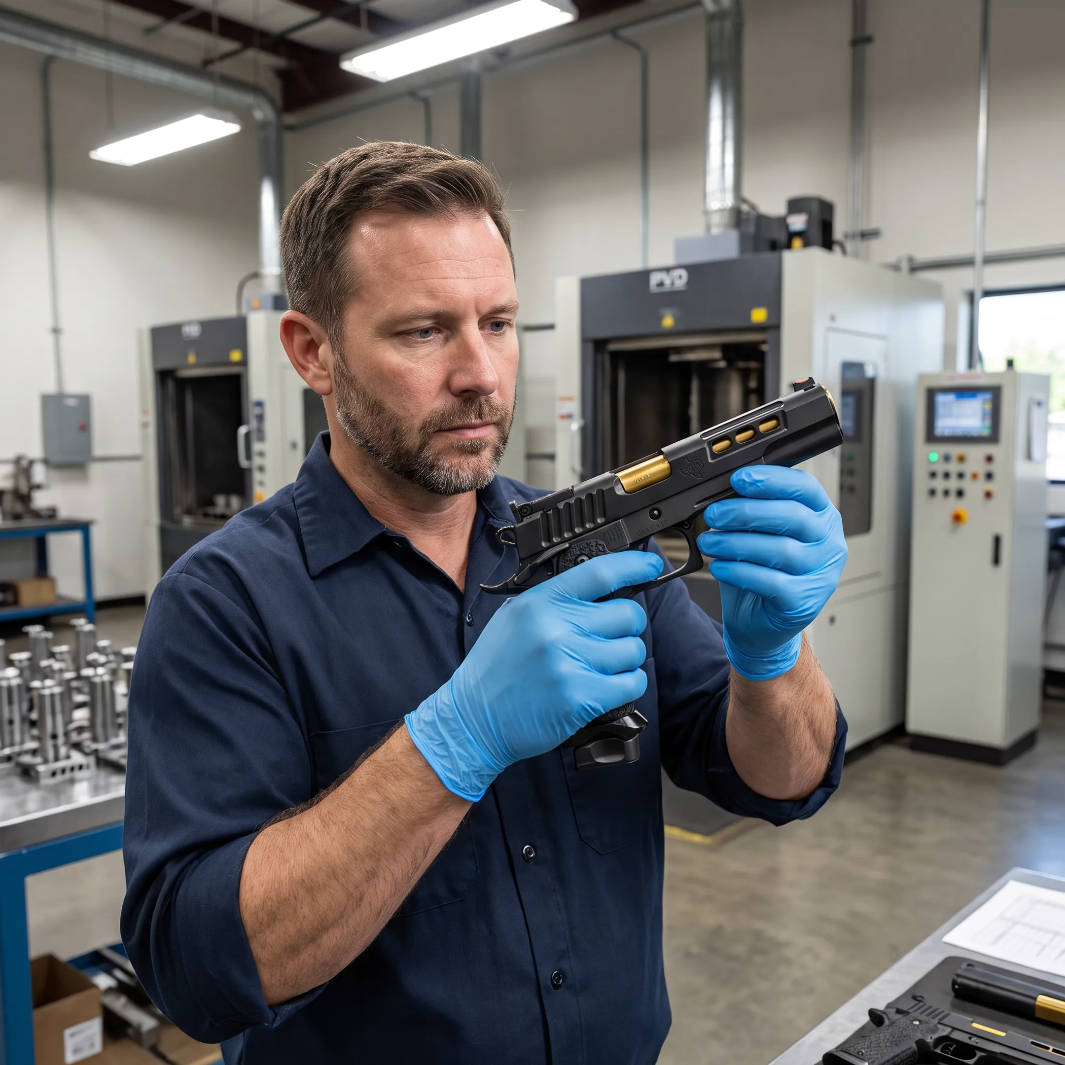 Technician inspecting coated firearm components