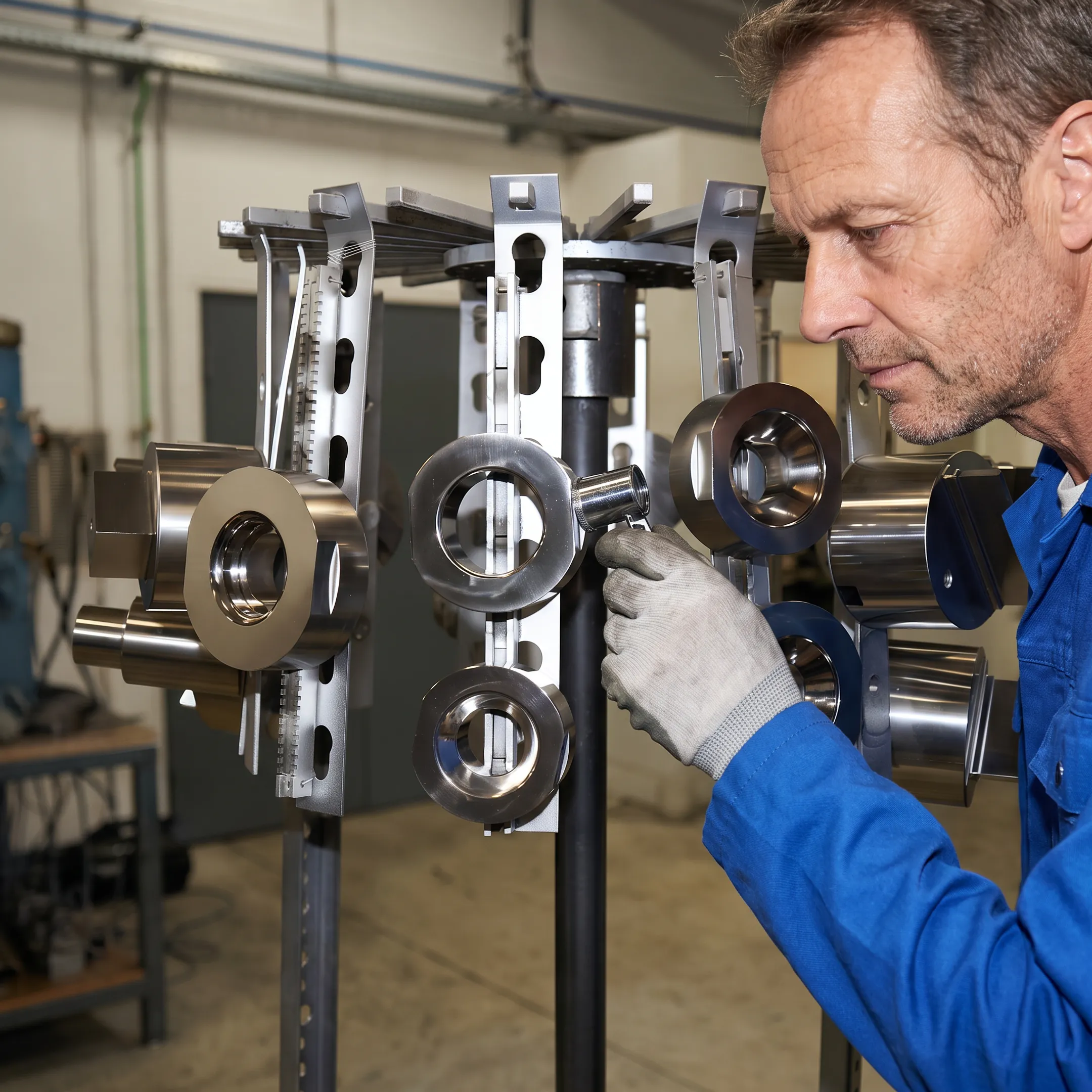 Technician inspecting coated metal tooling