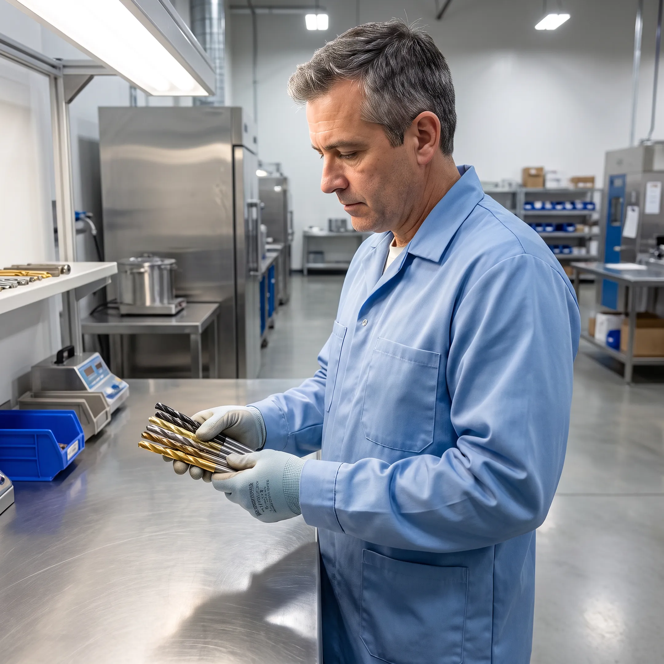 Technician inspecting coated industrial tooling