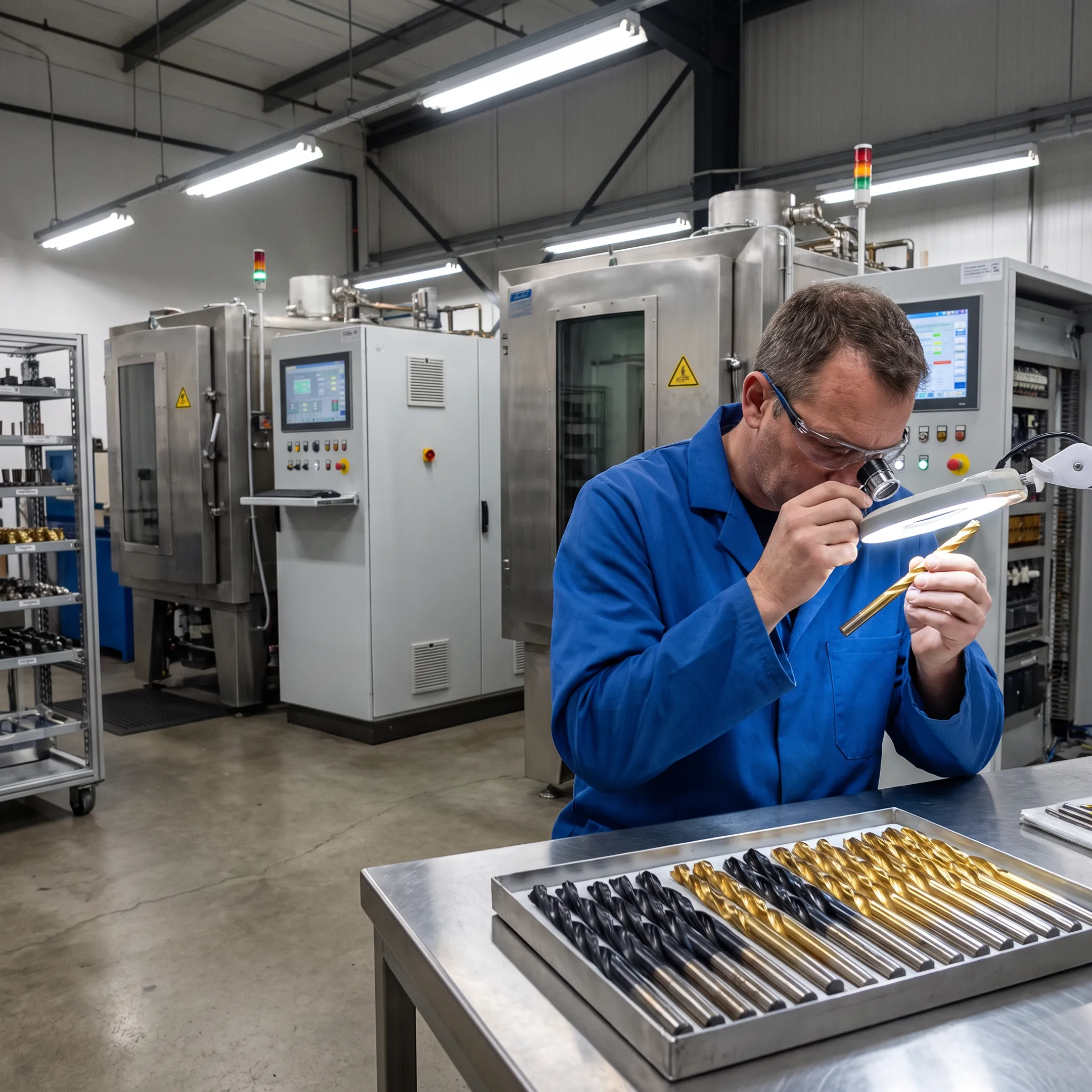 Technician inspecting coated cutting tools in a PVD facility