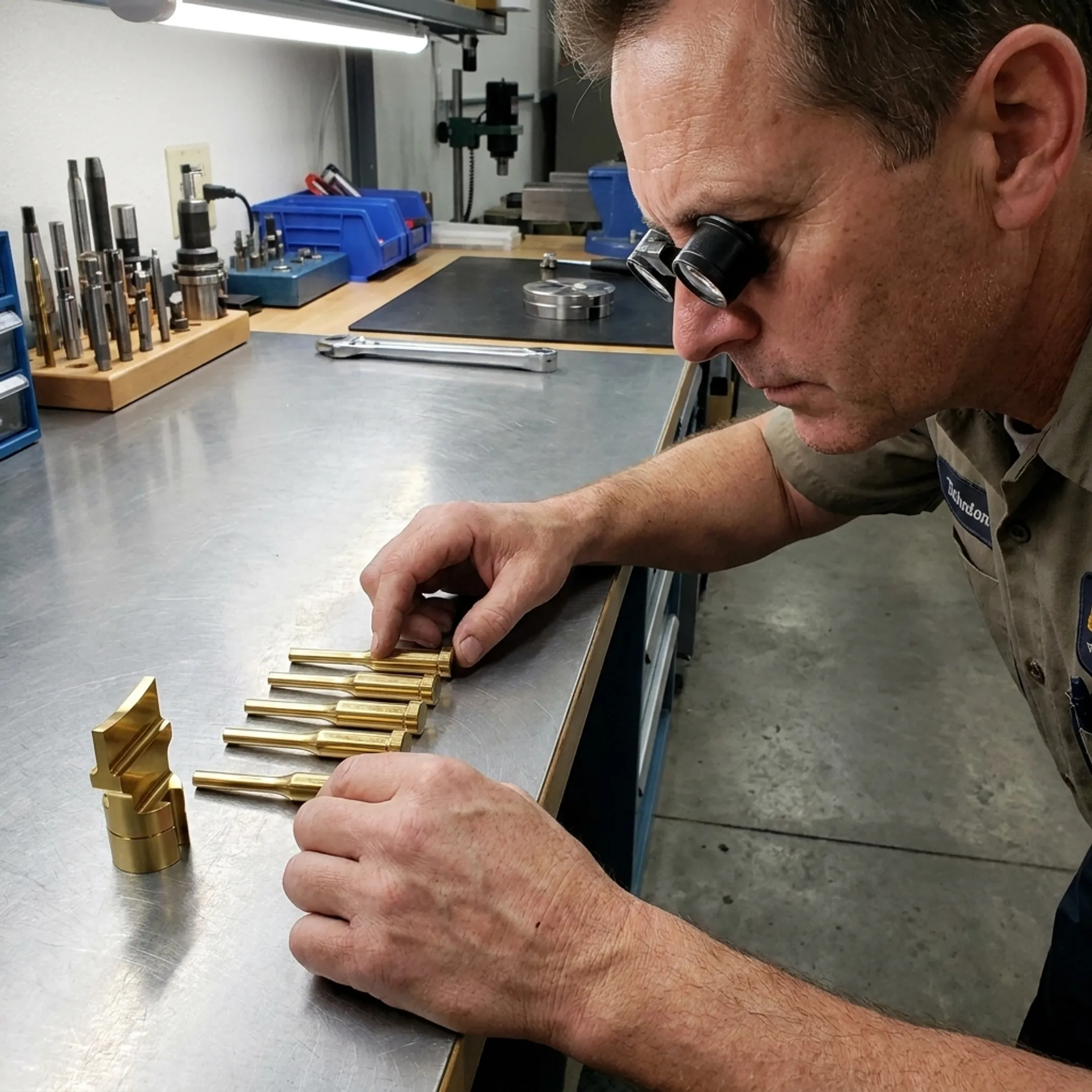 Technician inspecting coated punch pins for manufacturing use