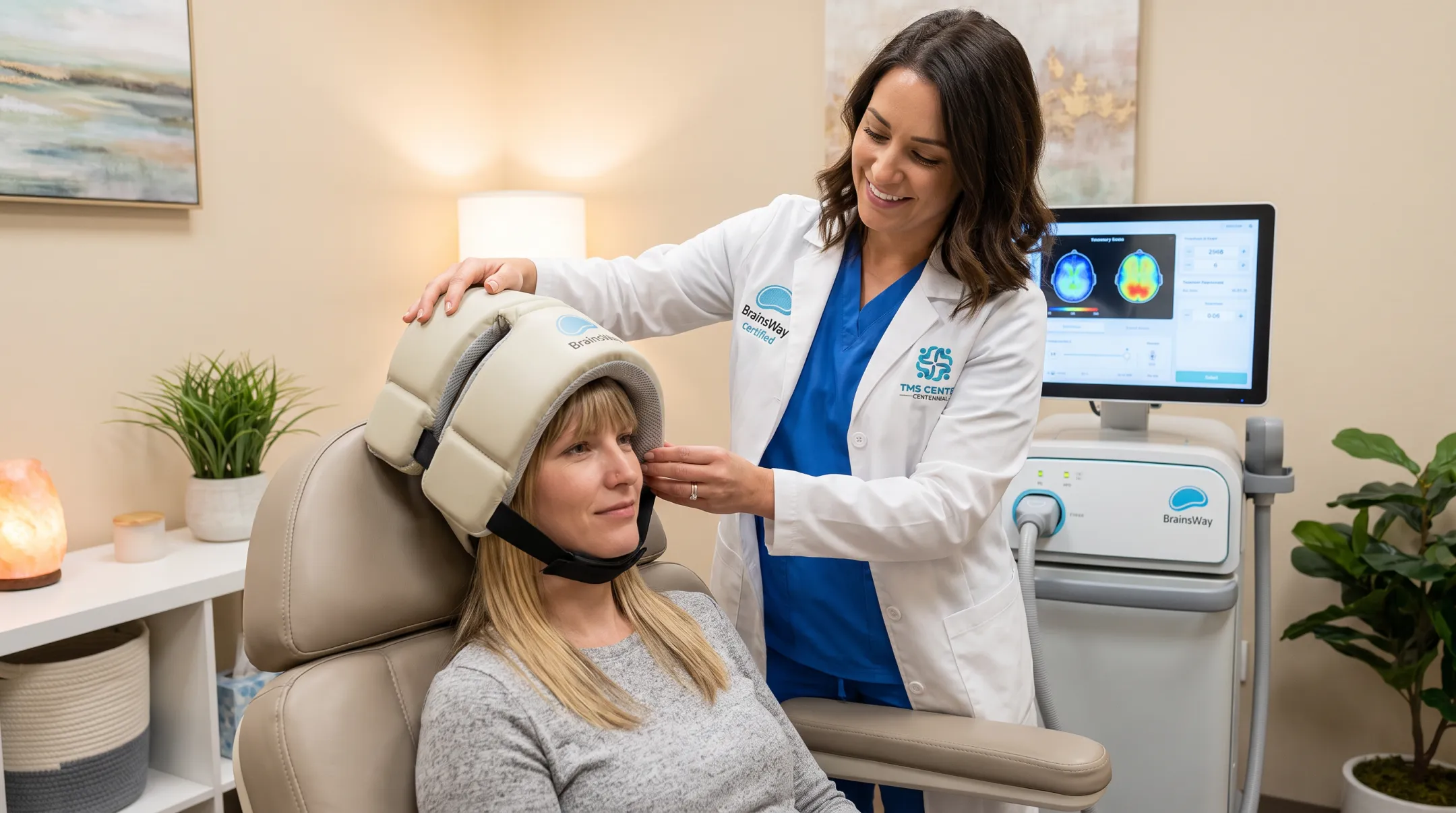 Certified technician preparing patient for BrainsWay Deep TMS session