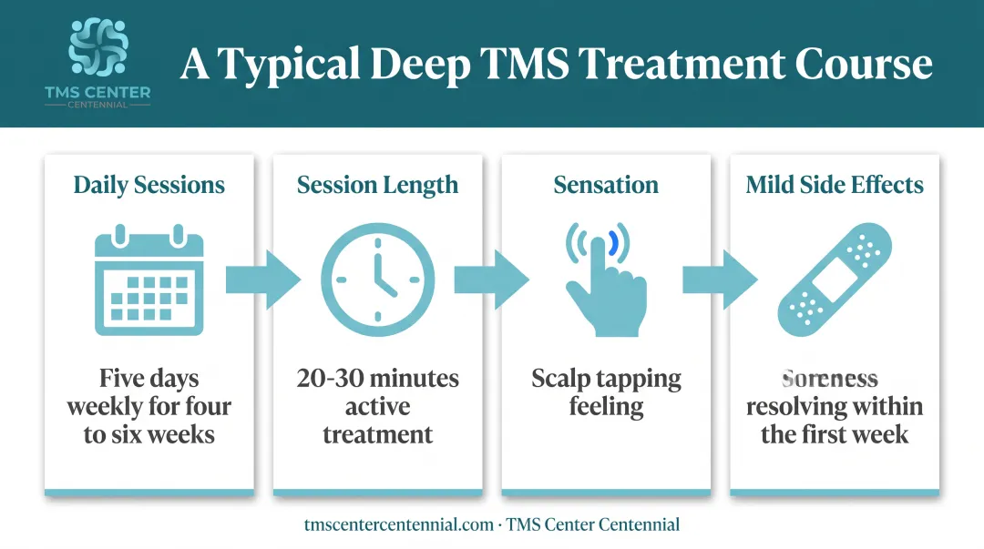 Typical TMS treatment course timeline from daily sessions to side effects