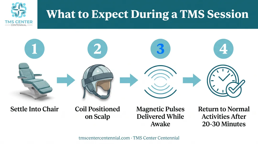 4-step typical TMS therapy session process from seating to completion