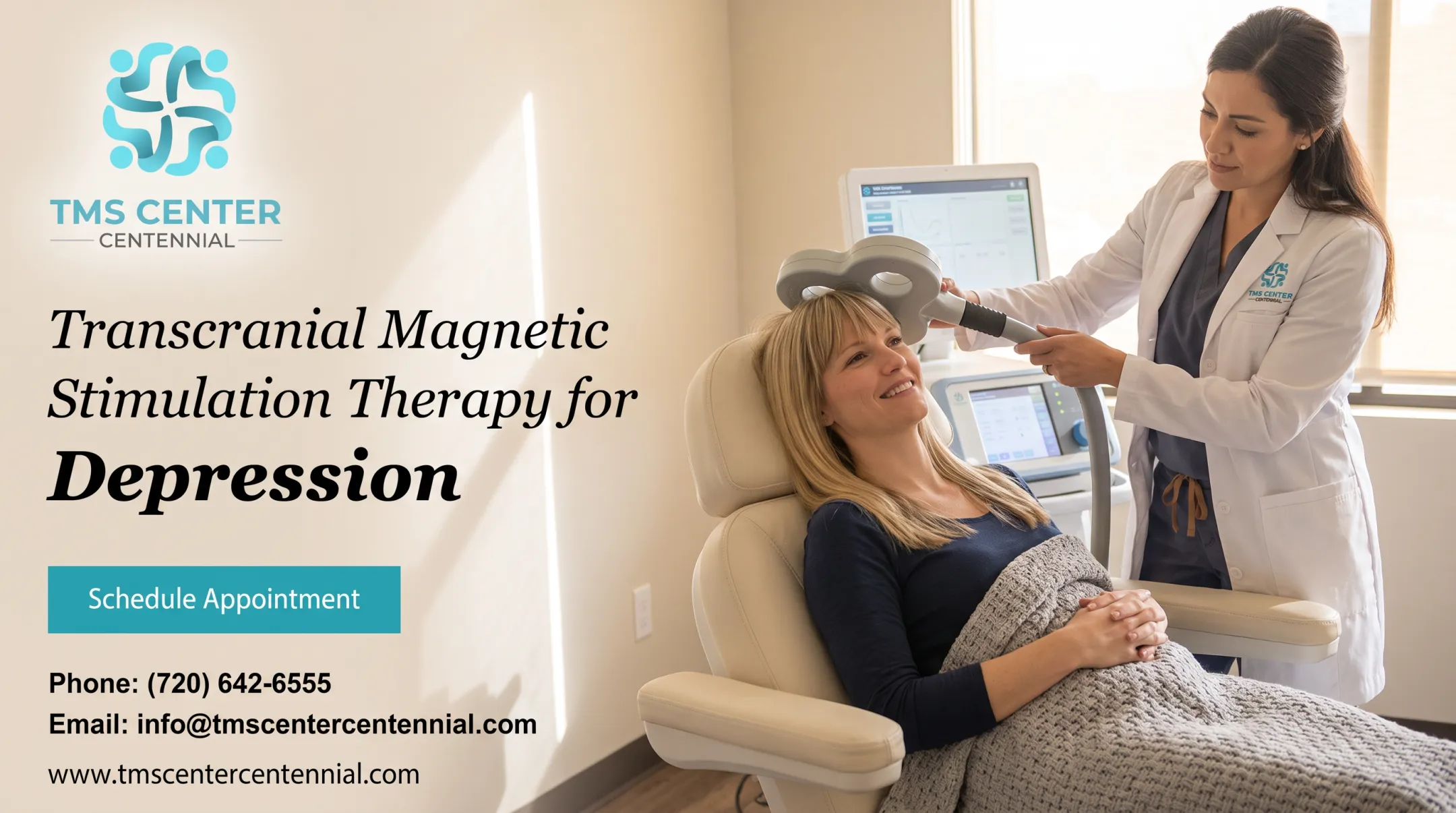 Patient receiving TMS treatment seated in reclining chair with coil