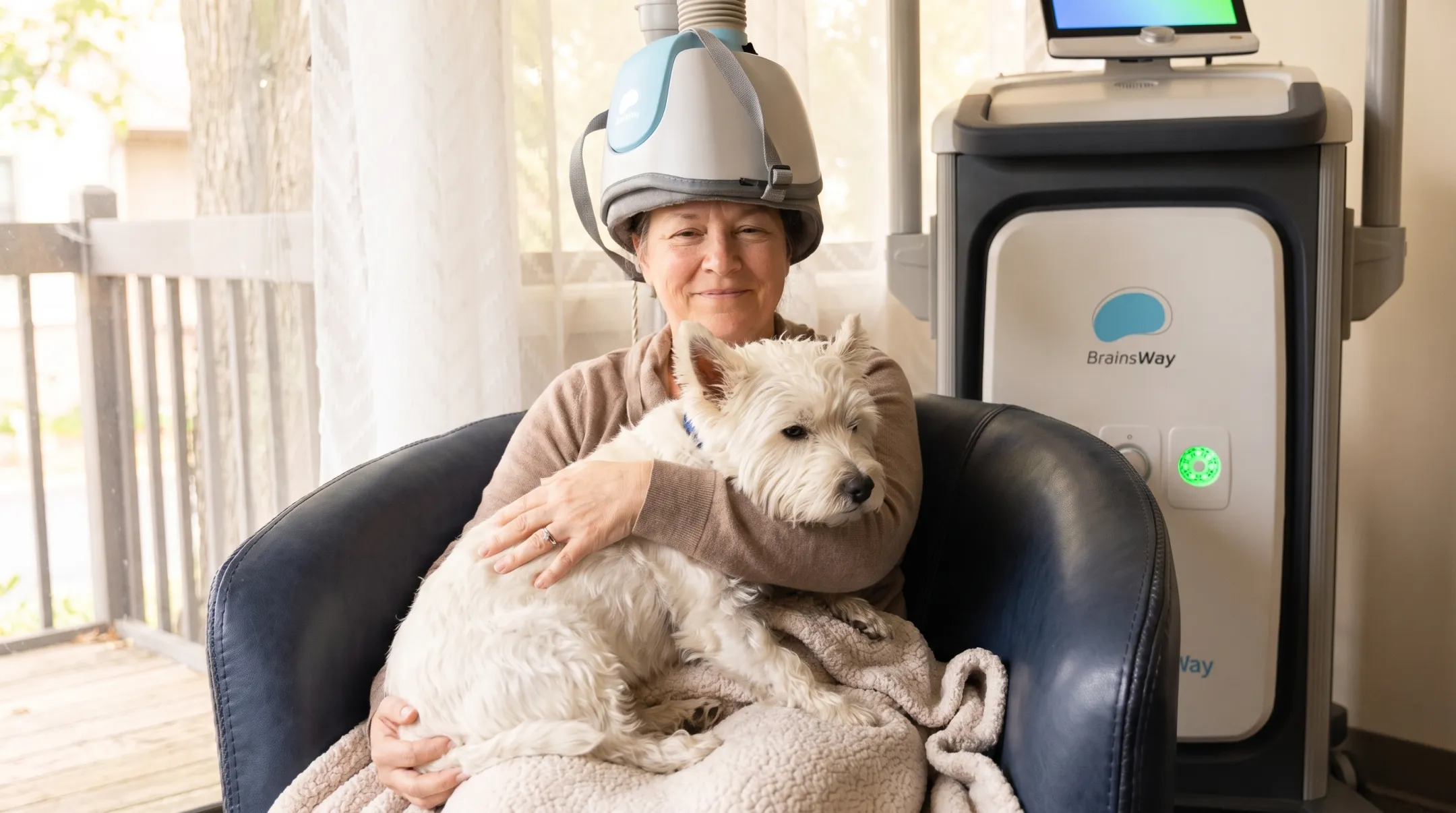 Therapy dog comforting patient during TMS treatment session