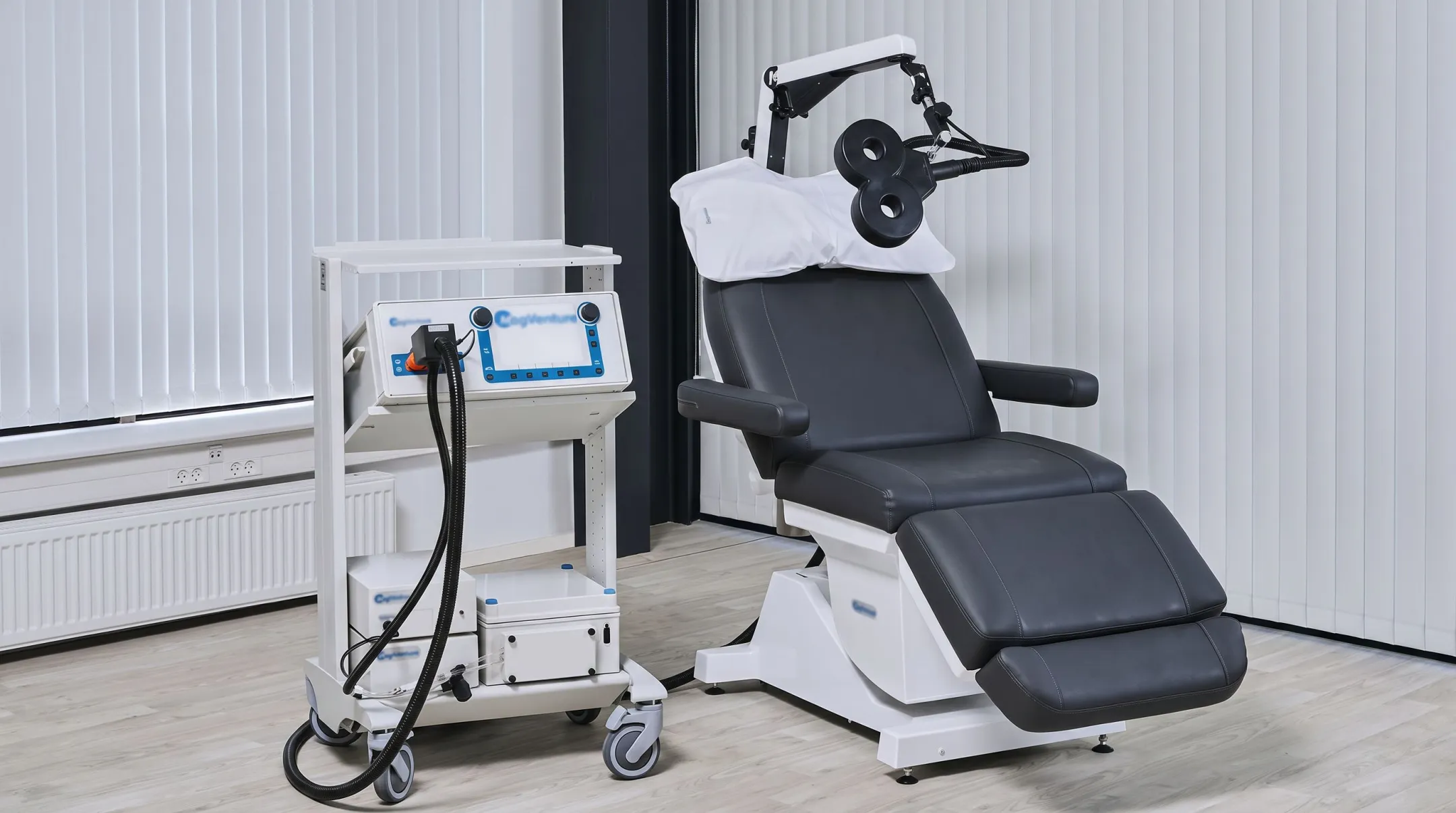 Figure-8 TMS coil positioned over patient head during treatment session