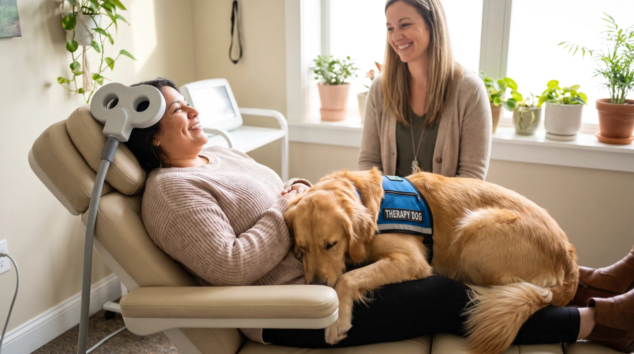 Patient relaxing during TMS session with therapy dog nearby