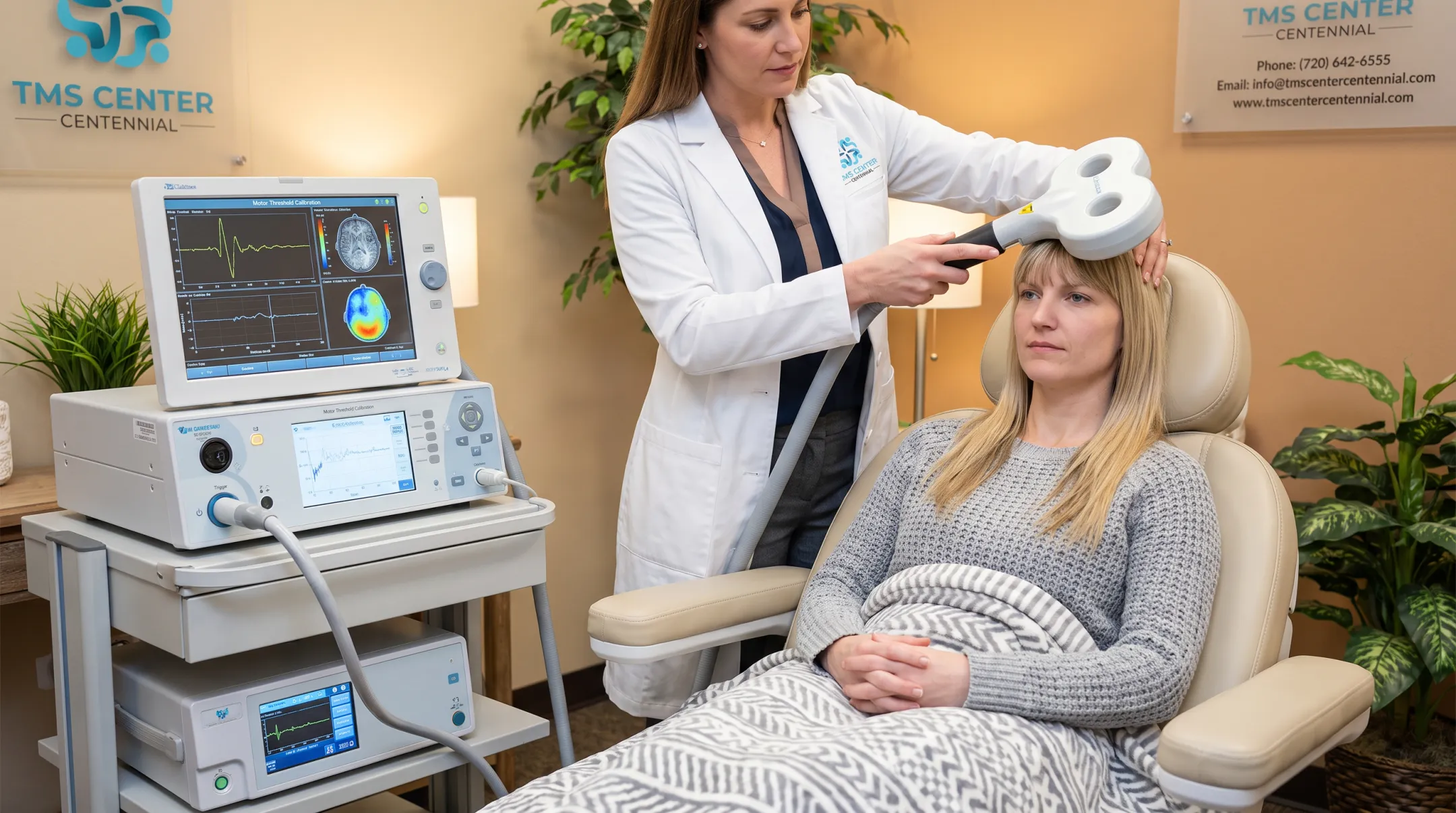 TMS technician mapping patient head for coil placement calibration