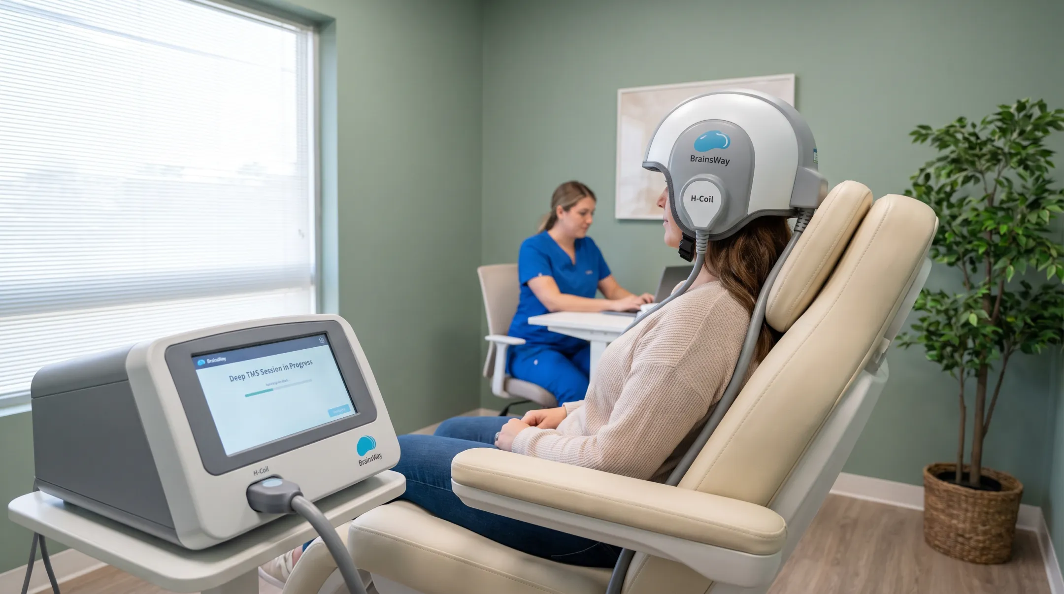 BrainsWay Deep TMS helmet device used during treatment session