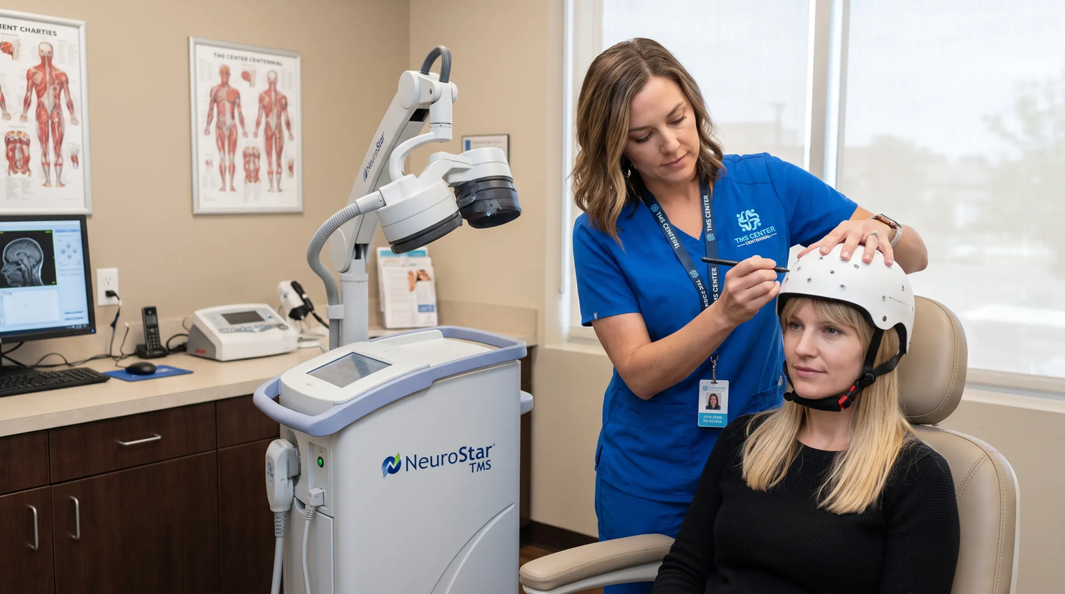 TMS technician preparing patient for treatment with helmet mapping equipment
