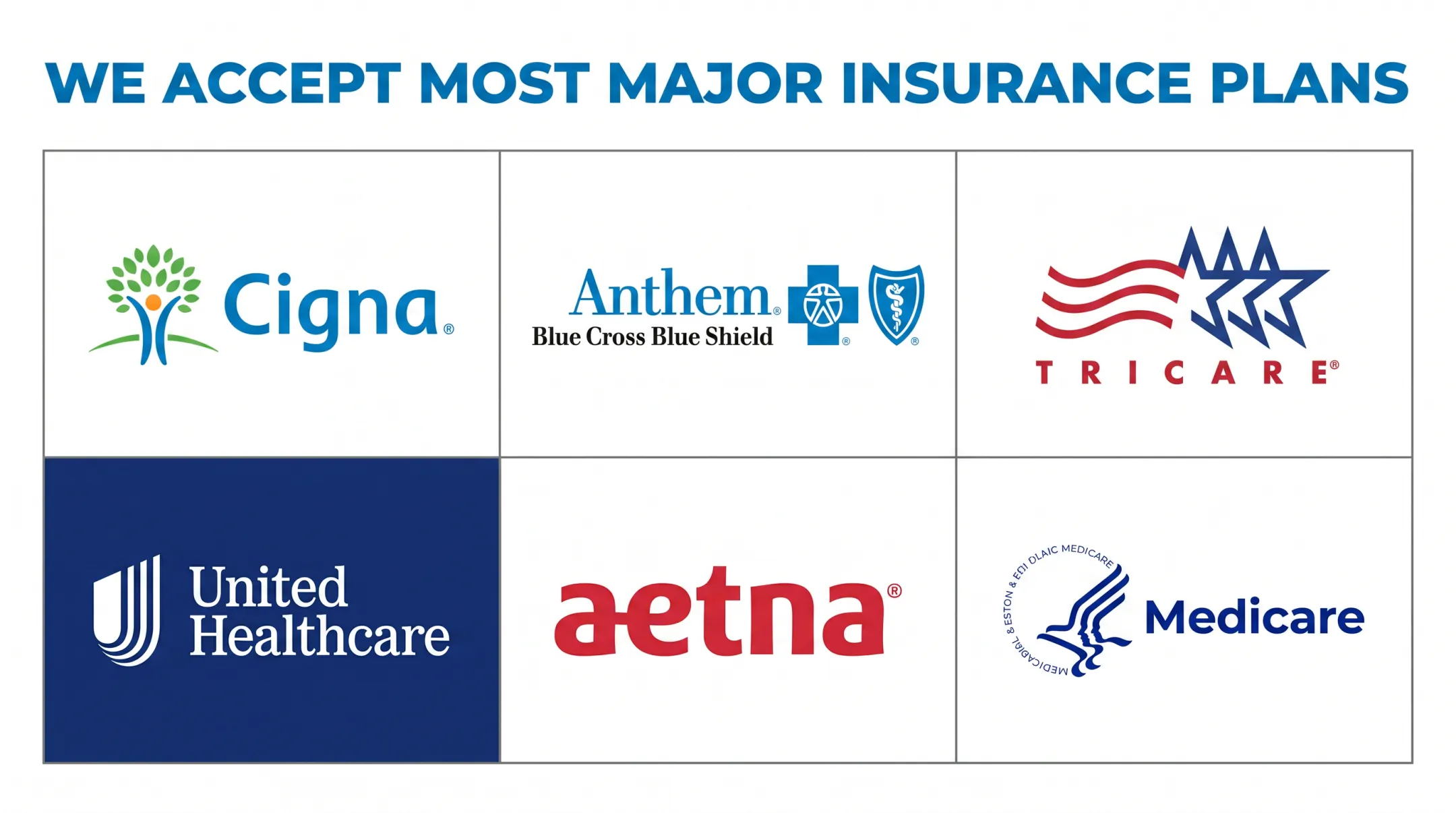Insurance provider logos accepted at TMS Center Centennial including Cigna Aetna Medicare