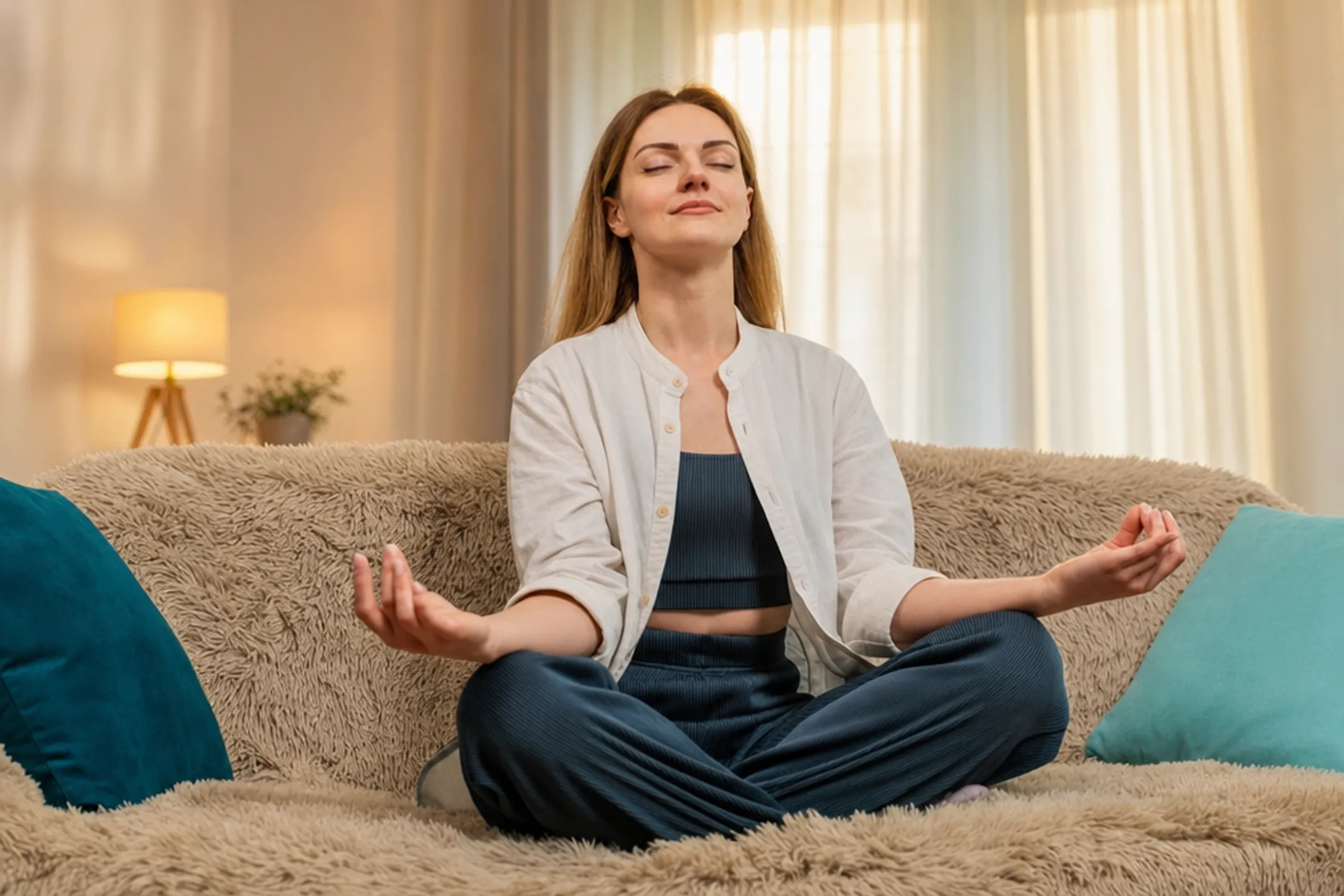 Person practicing mindfulness meditation in calm home environment