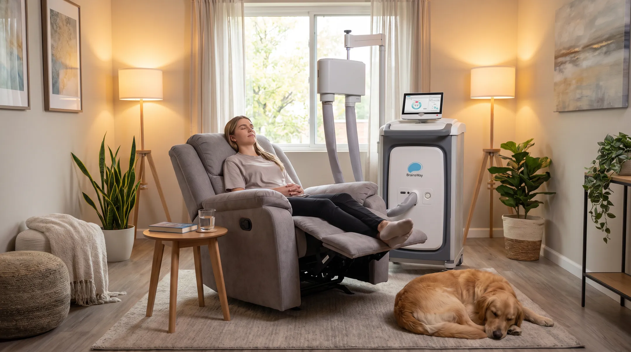 TMS clinic treatment room with comfortable chair and coil equipment