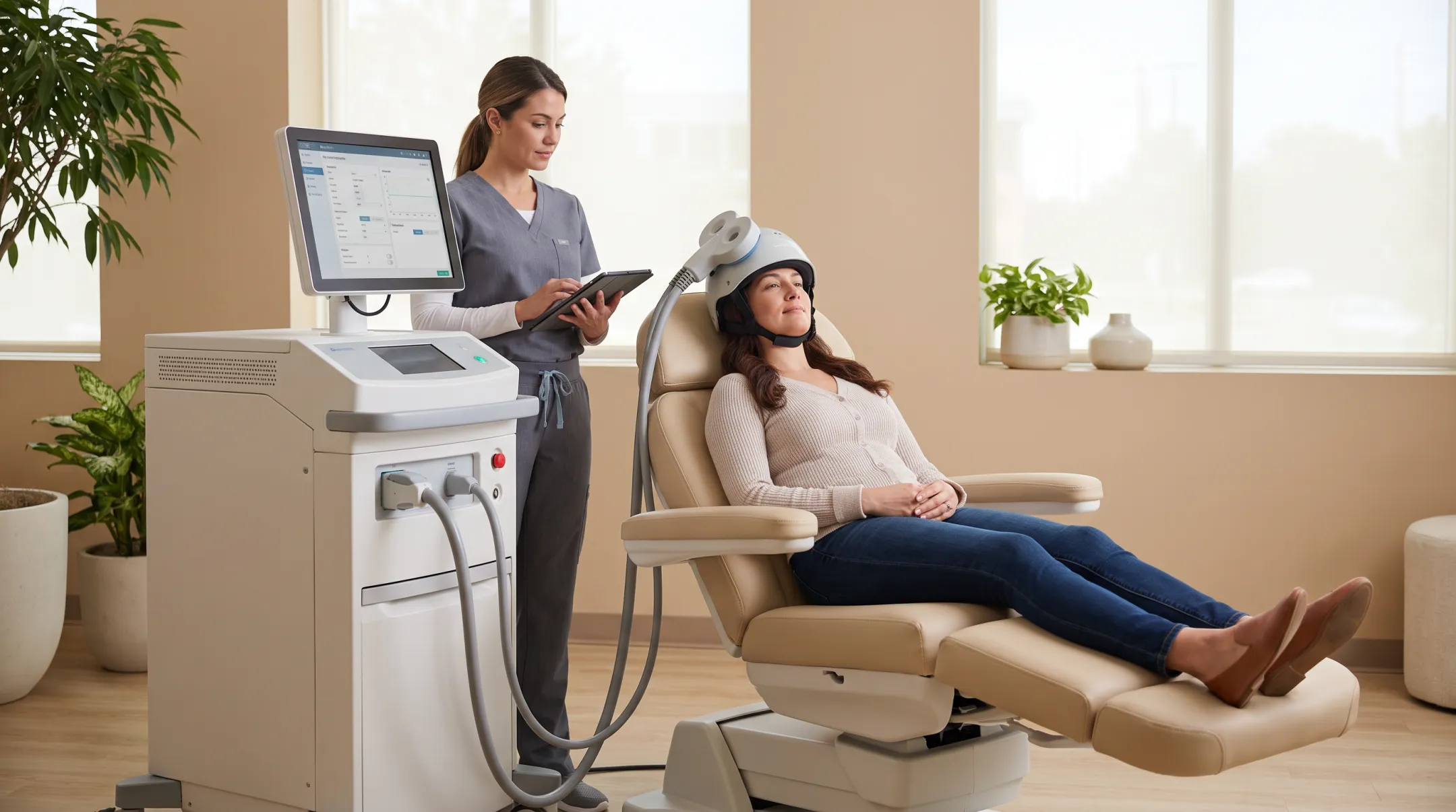 Patient receiving TMS therapy session with helmet coil device