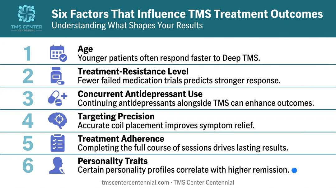Six factors influencing TMS therapy success rate infographic