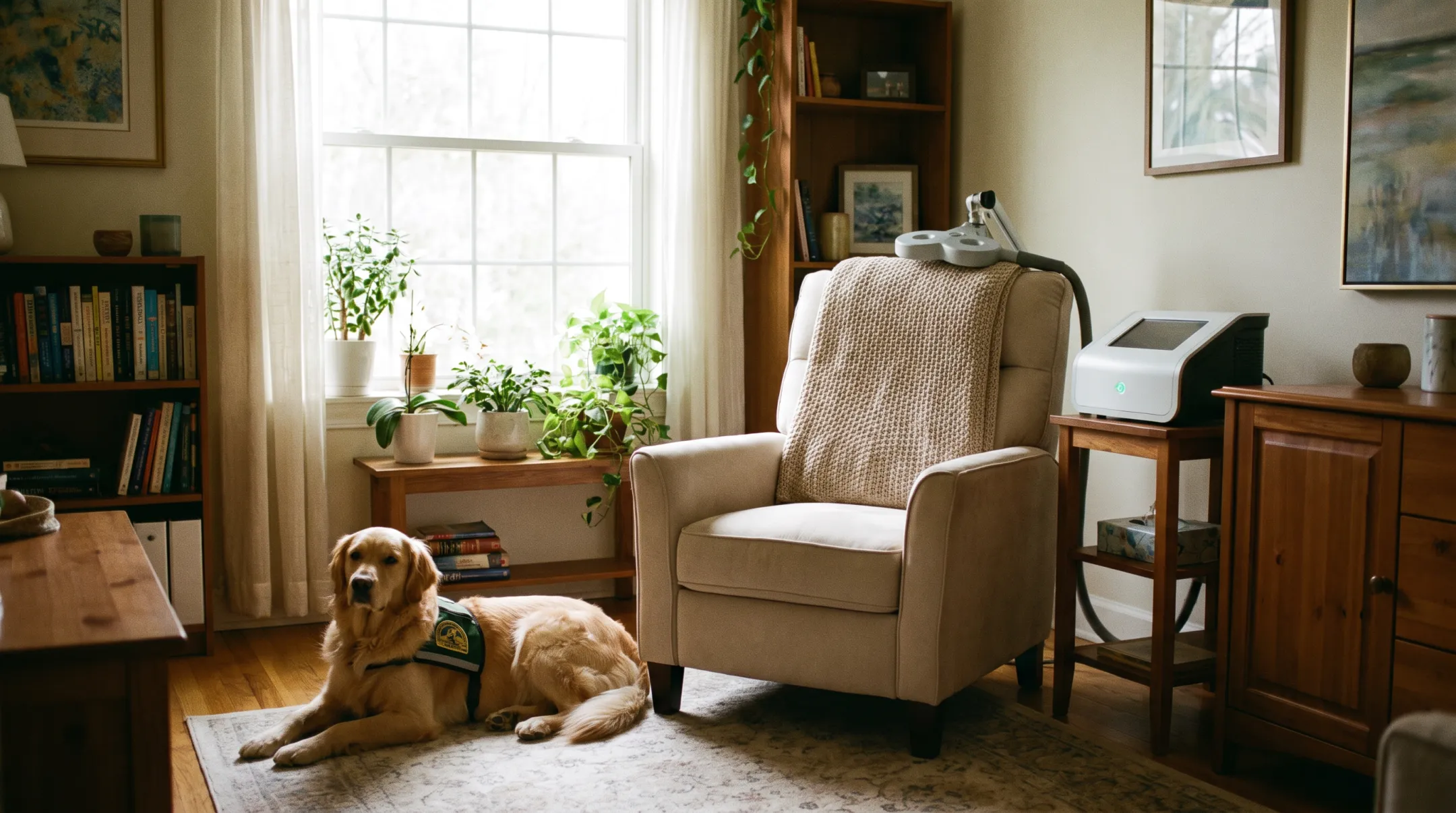 Calming TMS treatment room with therapy dogs and natural lighting