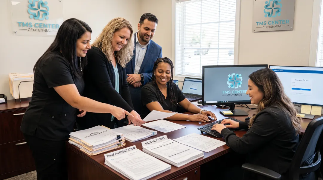 TMS Center Centennial insurance team managing prior authorization paperwork for patients