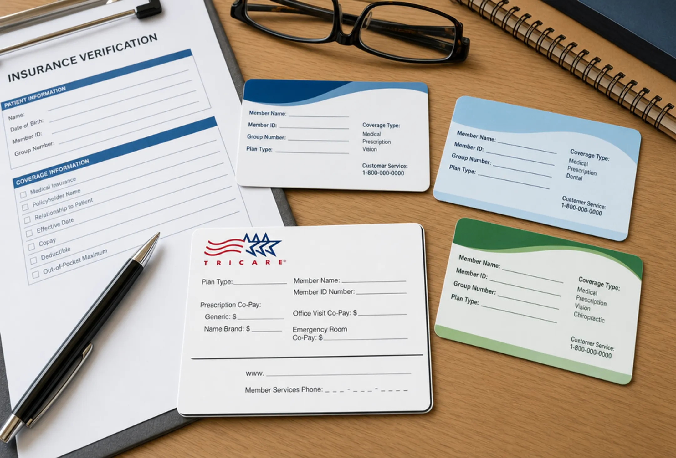 Health insurance cards and TRICARE coverage documentation for veterans