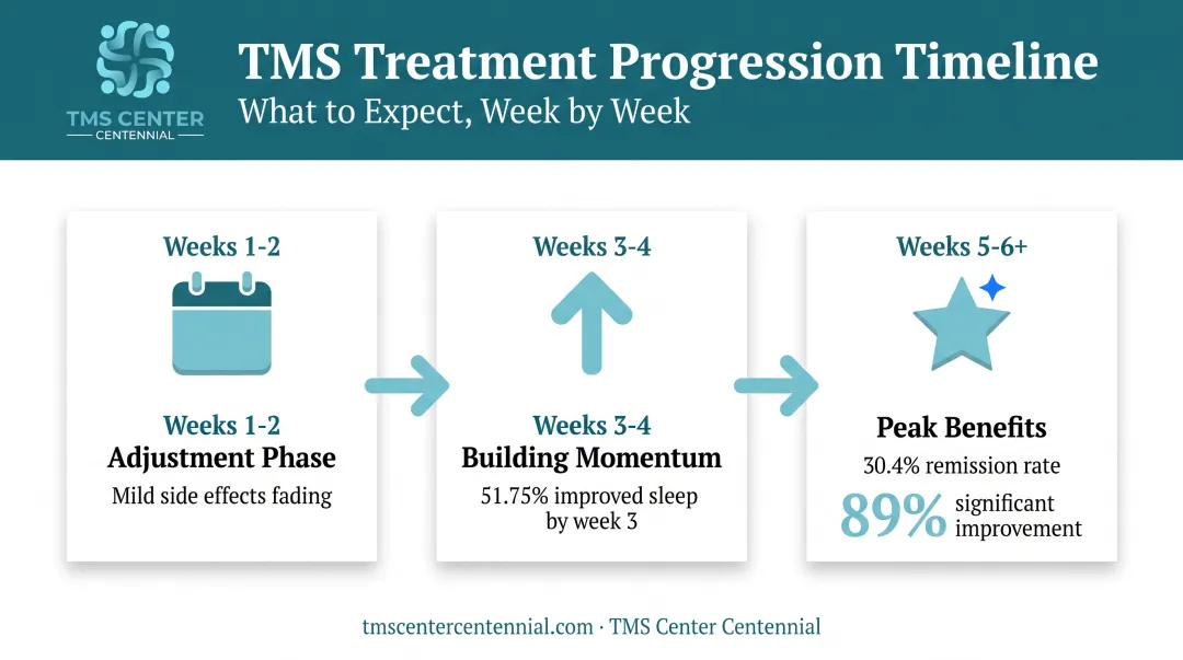TMS therapy timeline showing progress milestones from week 1 to week 6