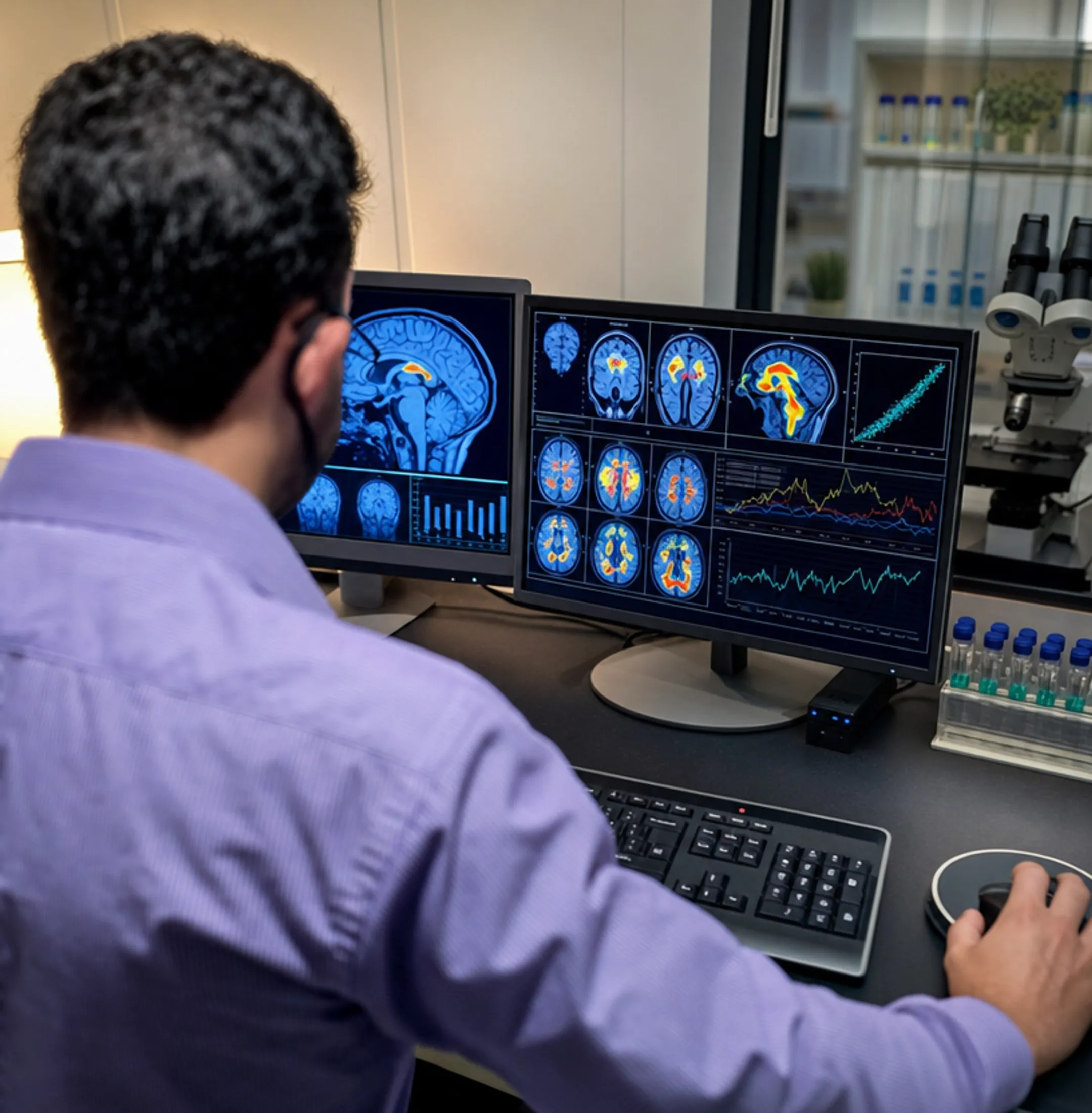 Researcher reviewing brain scan data for depression treatment studies