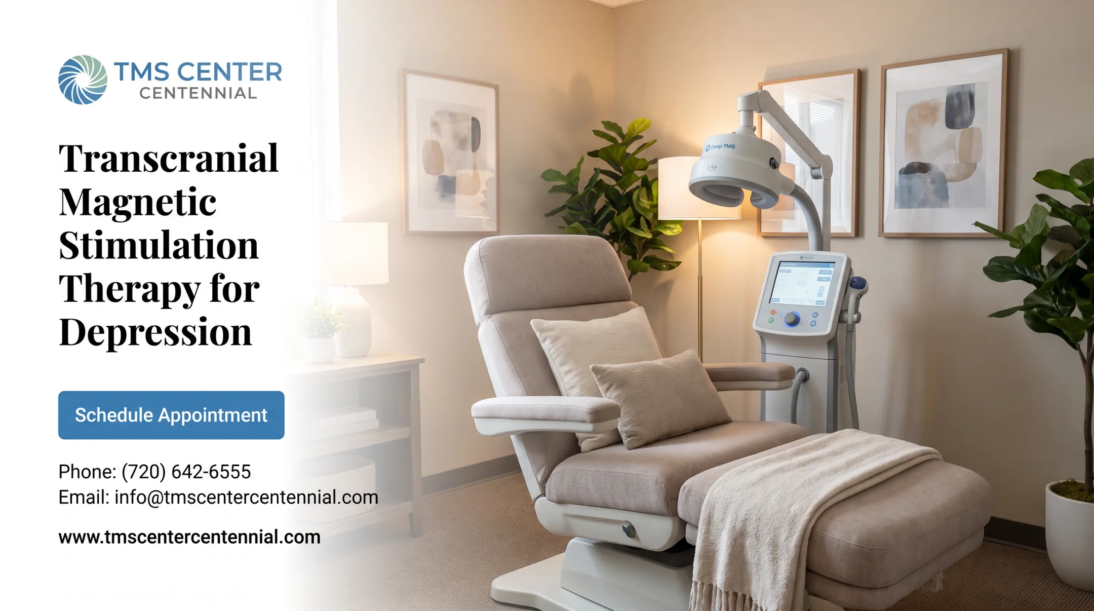 Deep TMS treatment session chair and equipment at clinic
