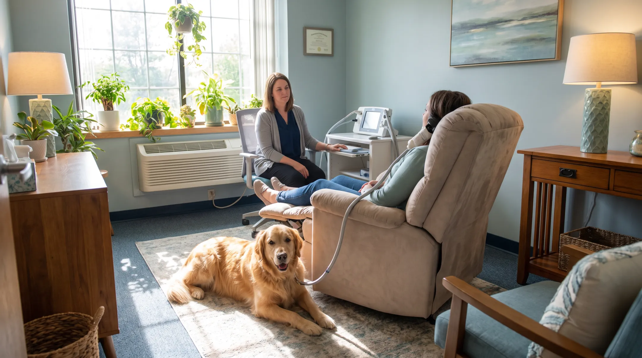 TMS treatment room with therapy dog and comfortable patient chair setup