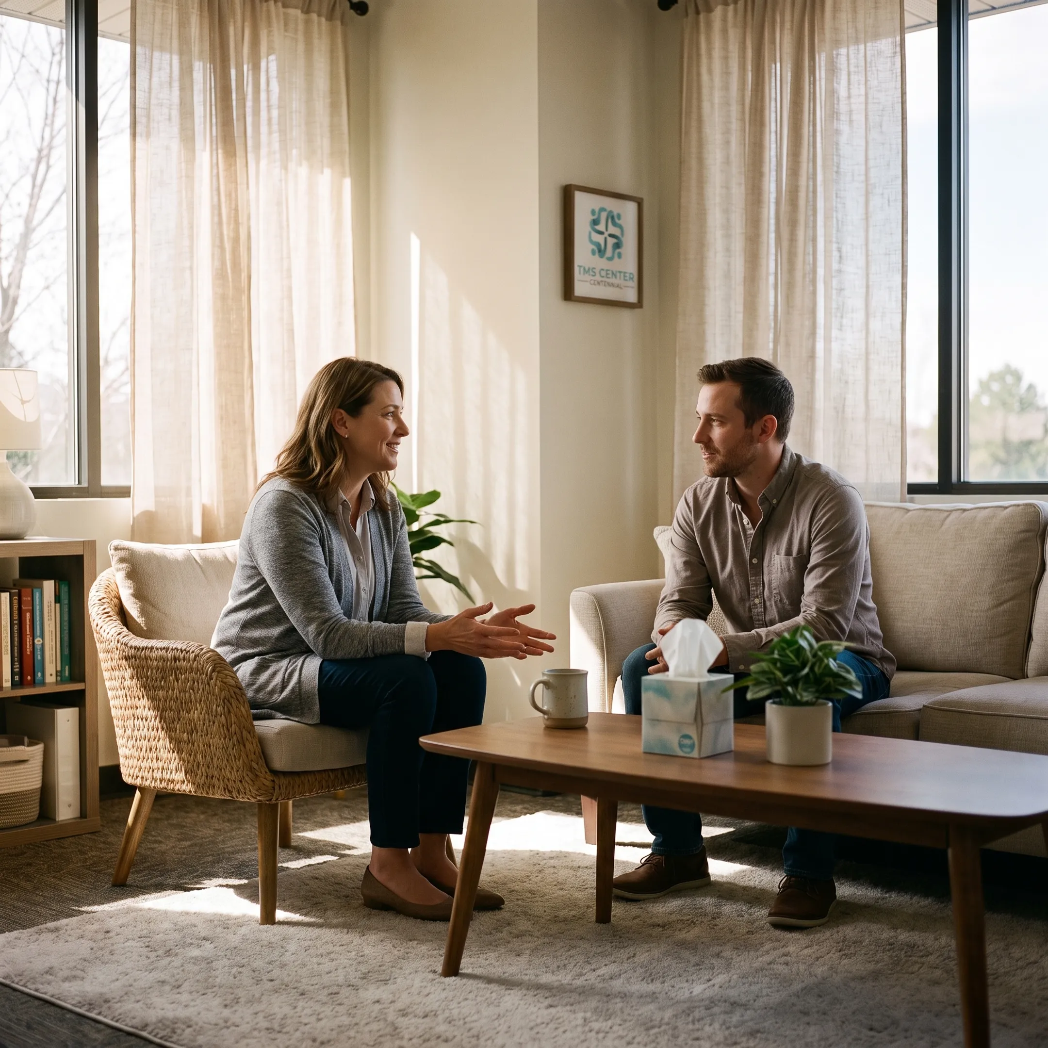 Clinician speaking with an anxiety treatment patient