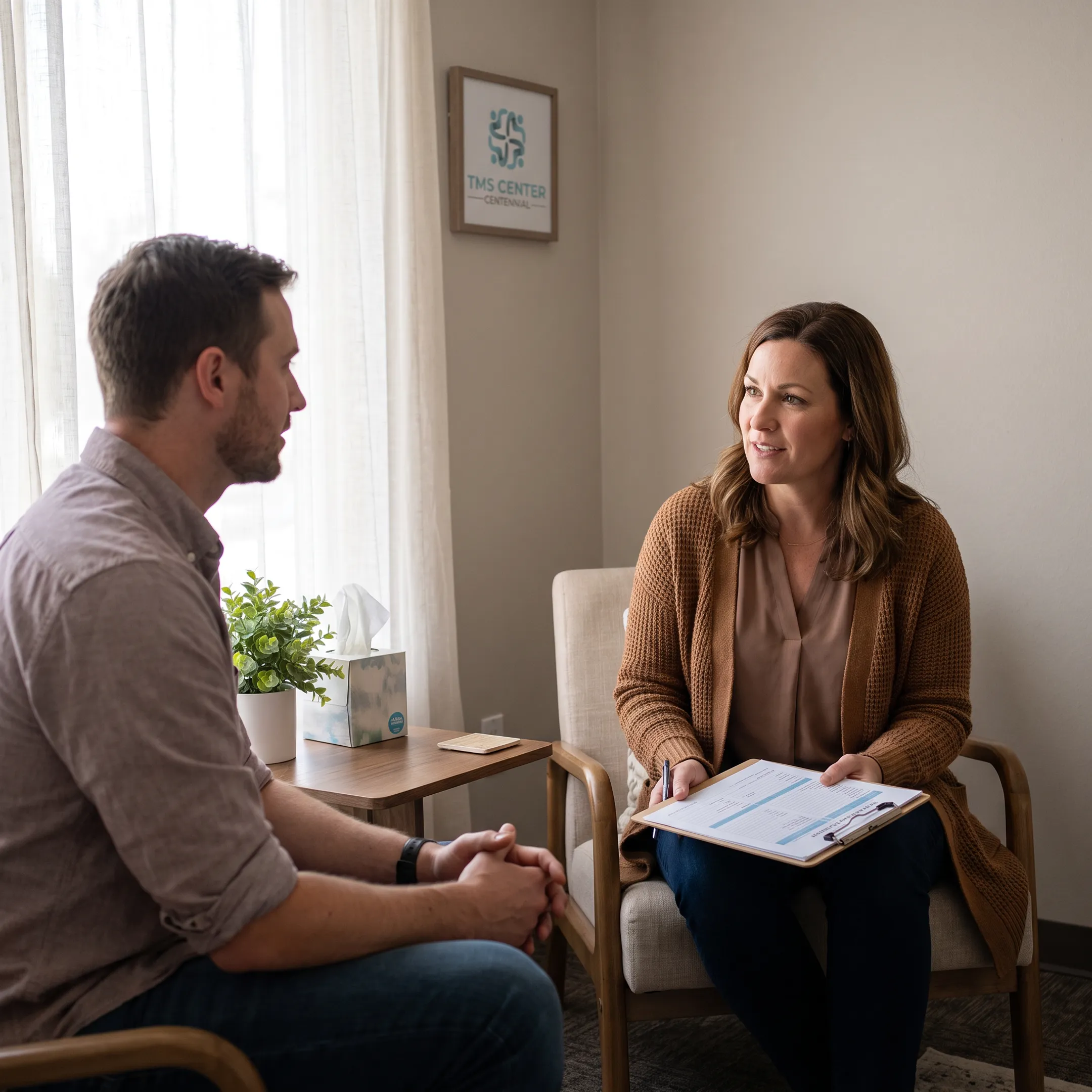 Clinician supporting an adult during a PTSD treatment consultation