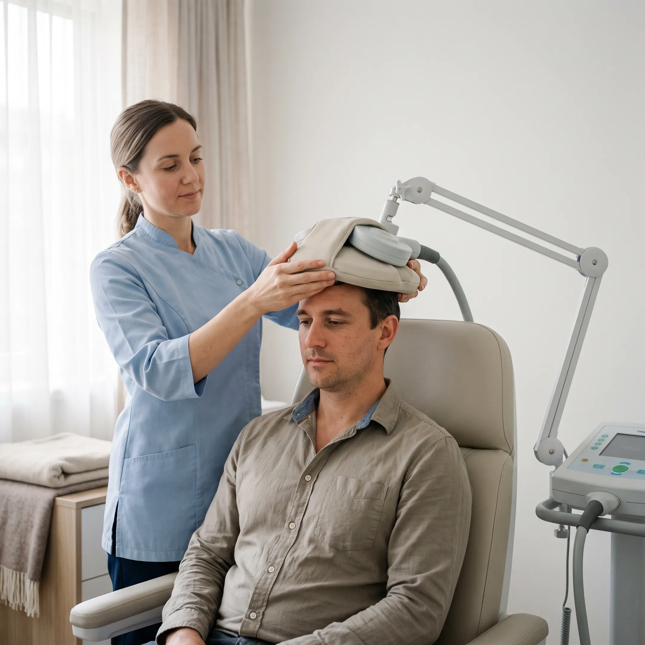 Clinician preparing a patient for Deep TMS treatment