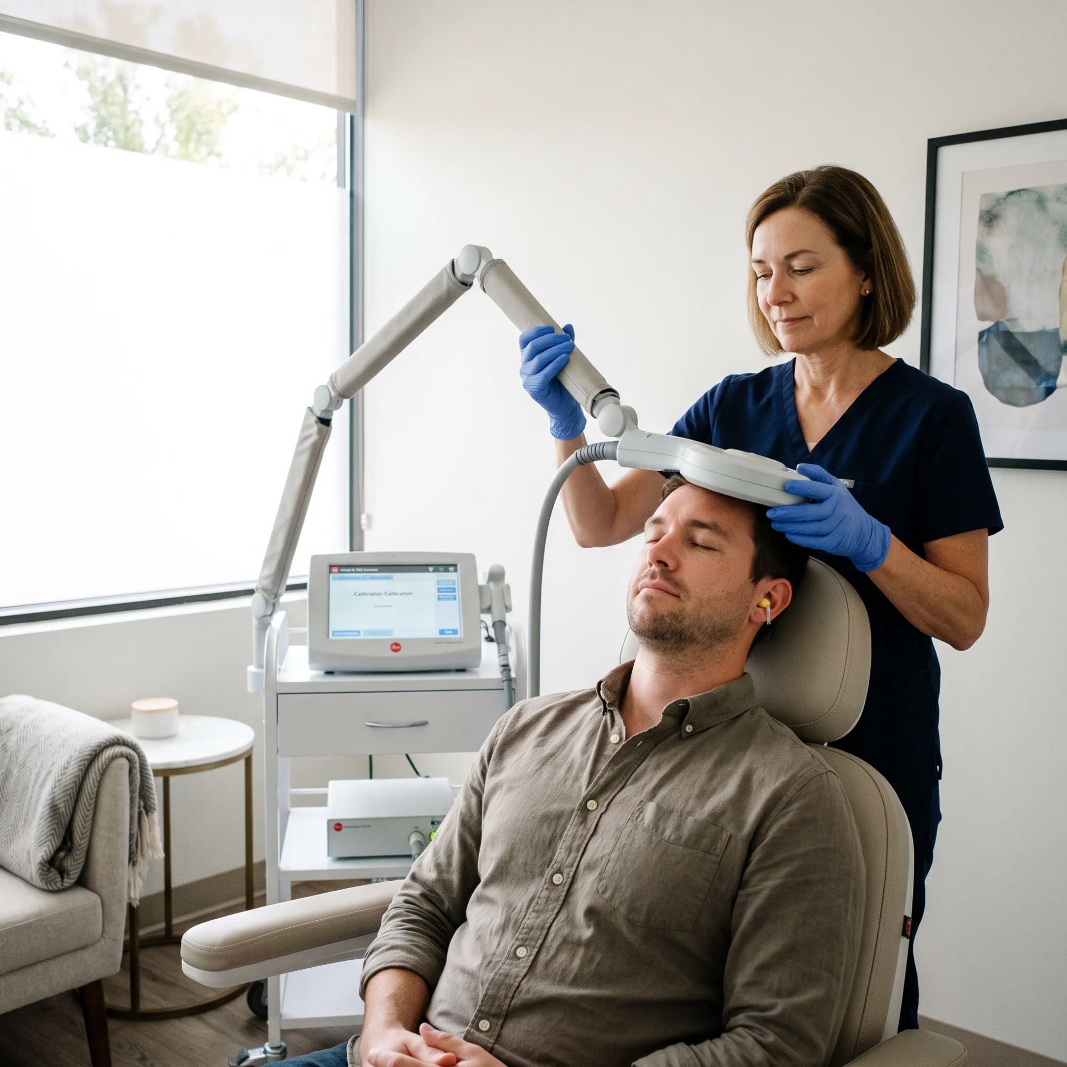 Clinician positioning a TMS coil for an outpatient treatment session