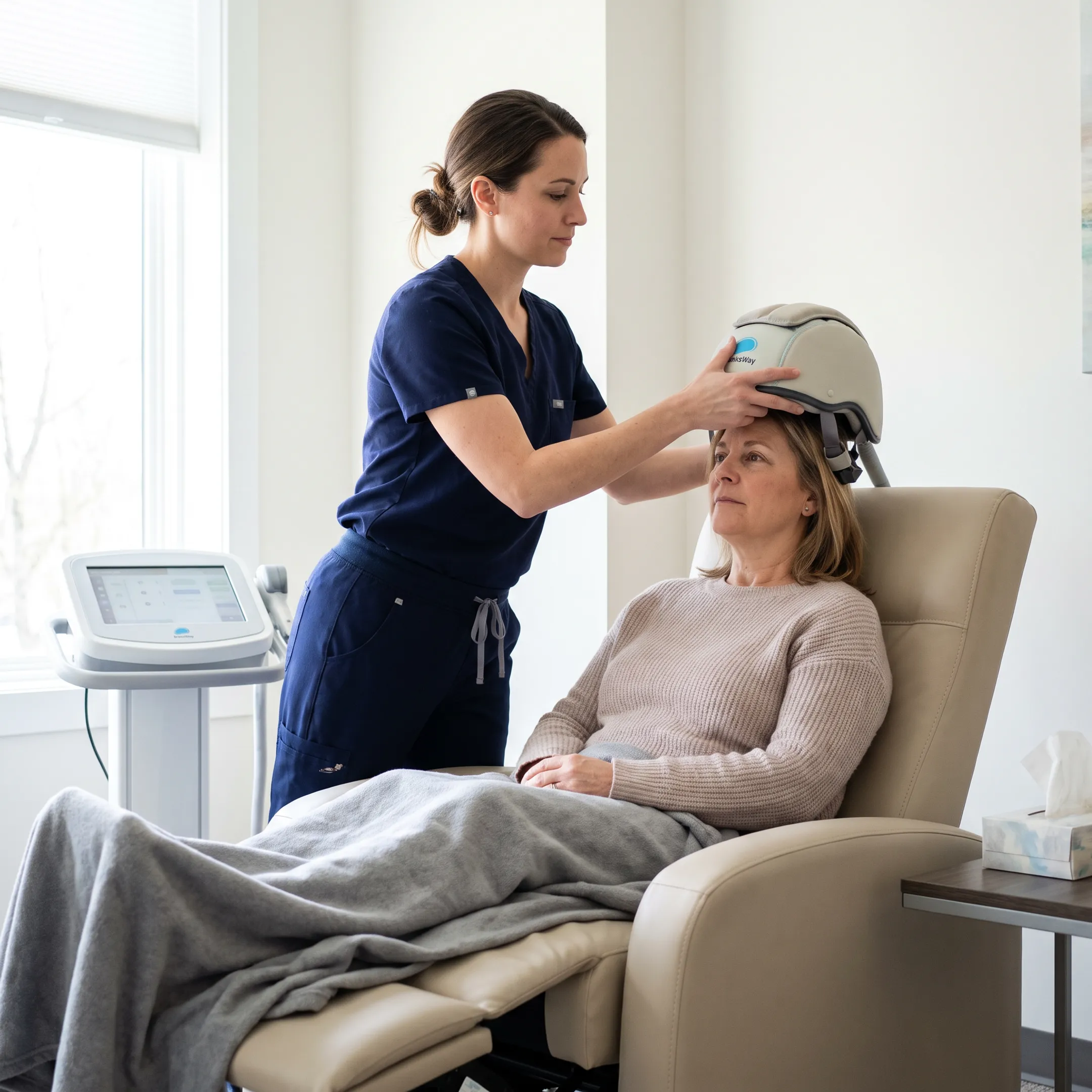 Patient receiving personalized TMS therapy in a calm clinic