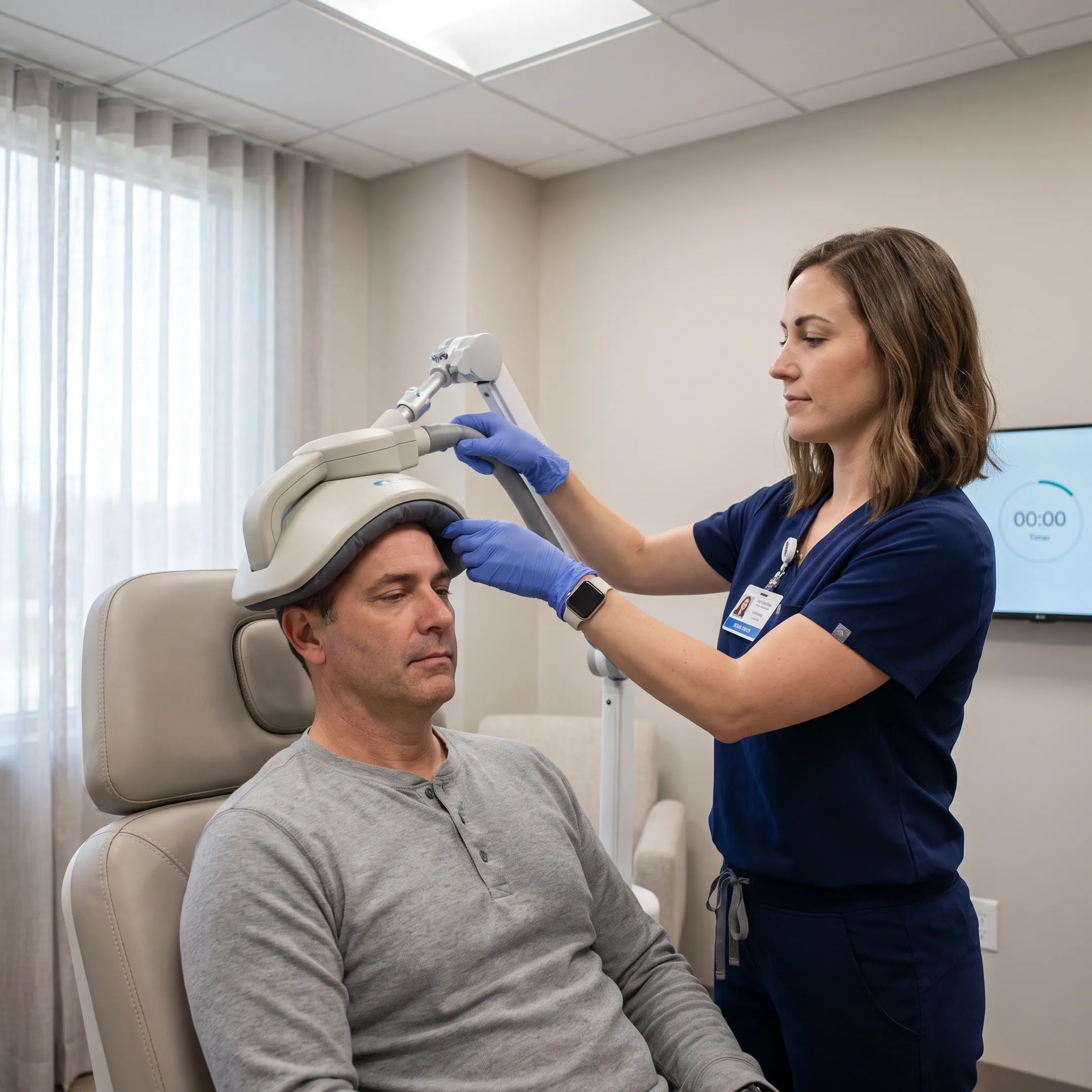Clinician preparing a patient for a Deep TMS session