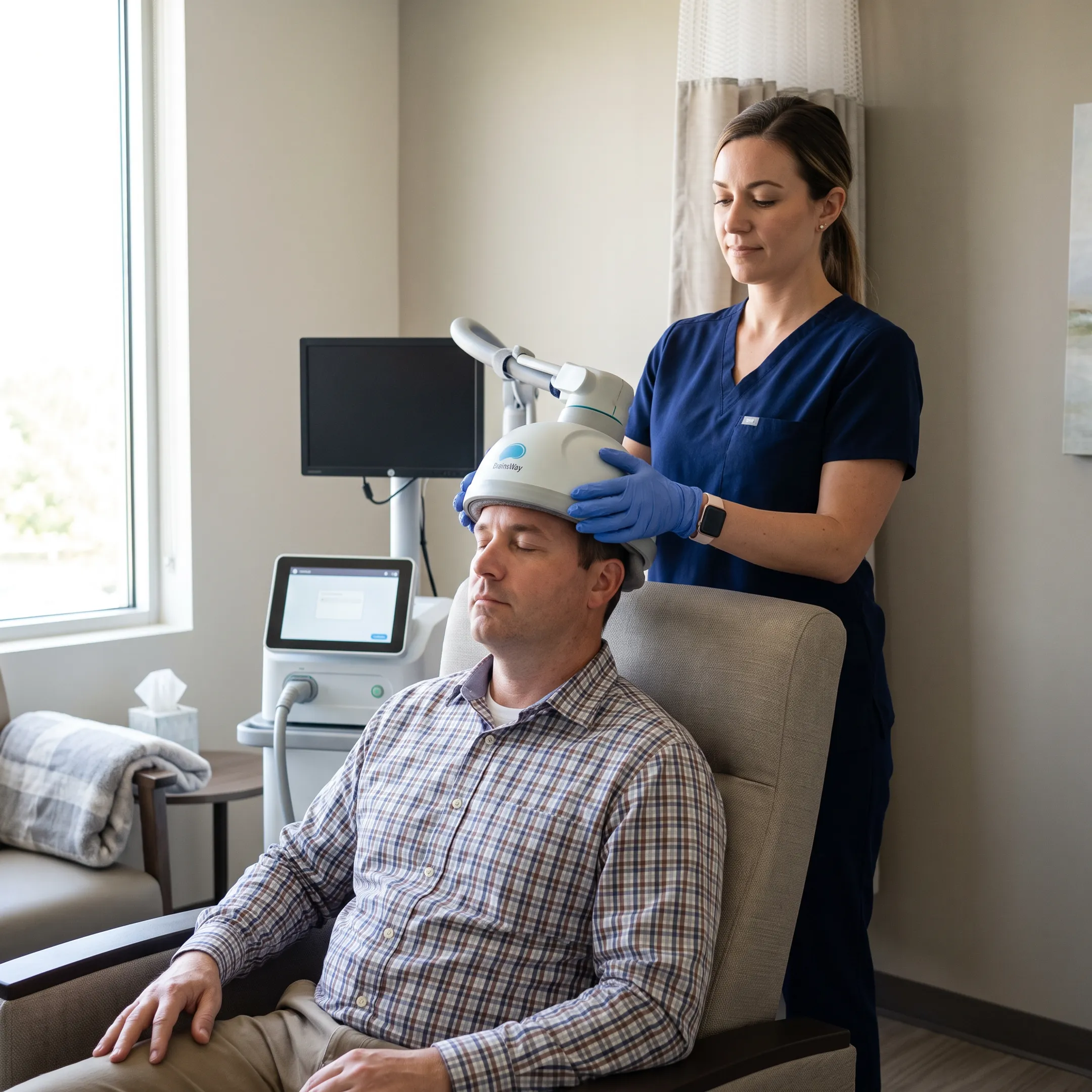 Patient receiving Deep TMS treatment in a calm clinic