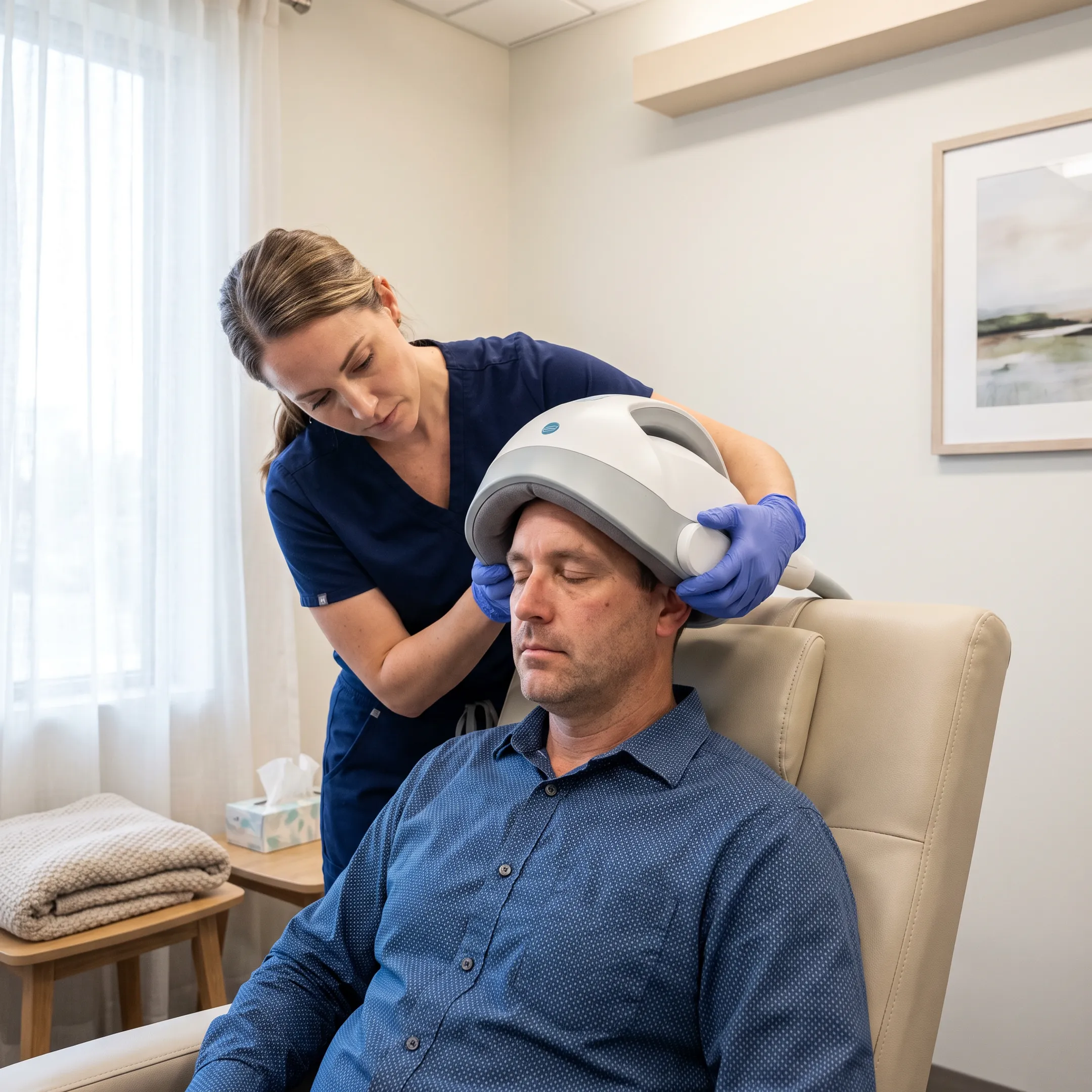 Clinician preparing a patient for TMS treatment