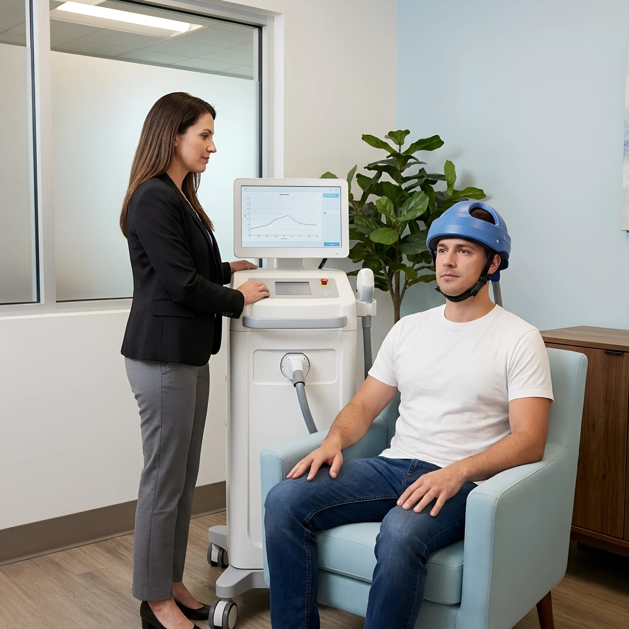 Patient receiving non-invasive TMS treatment