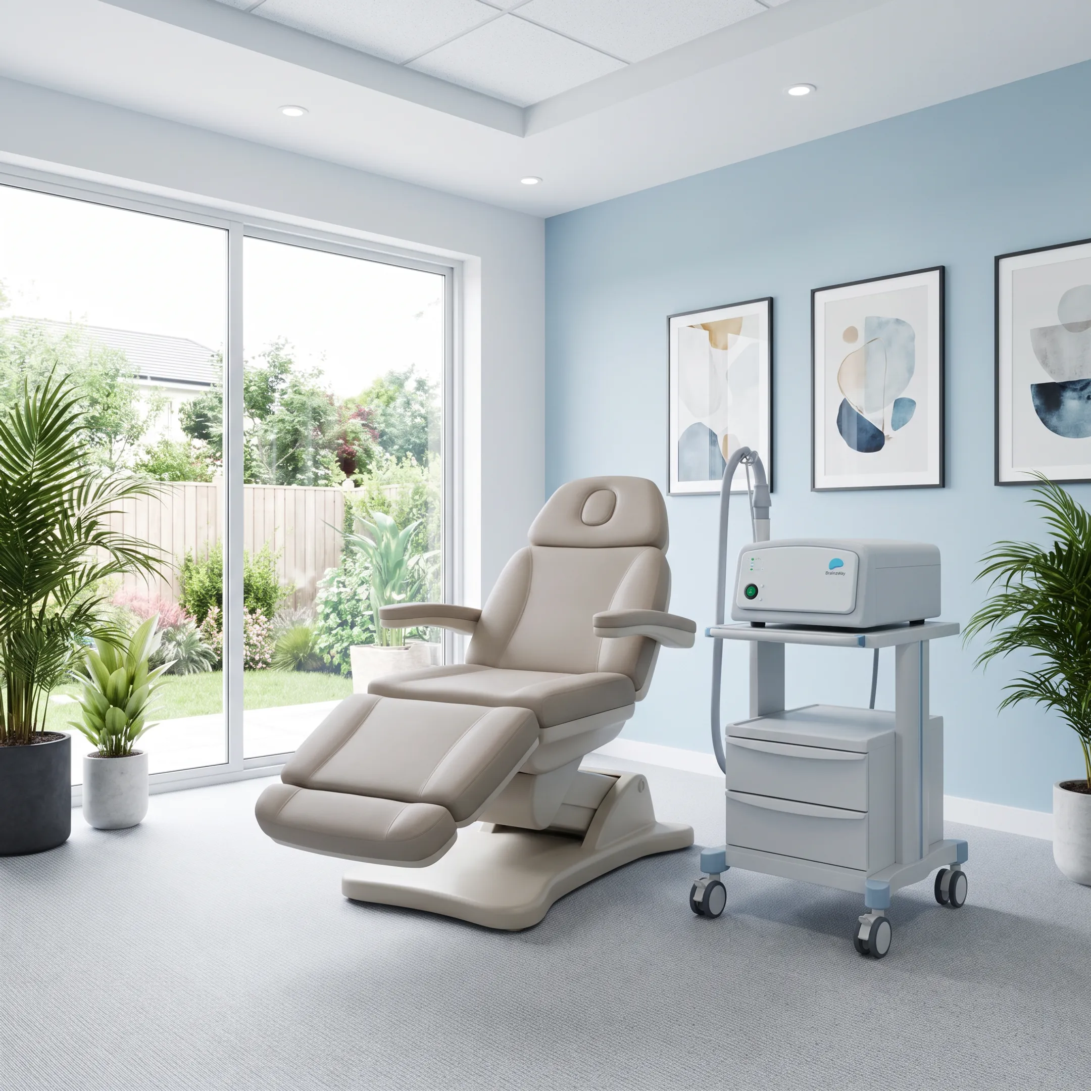 Patient receiving non-invasive TMS therapy in a calm clinical setting