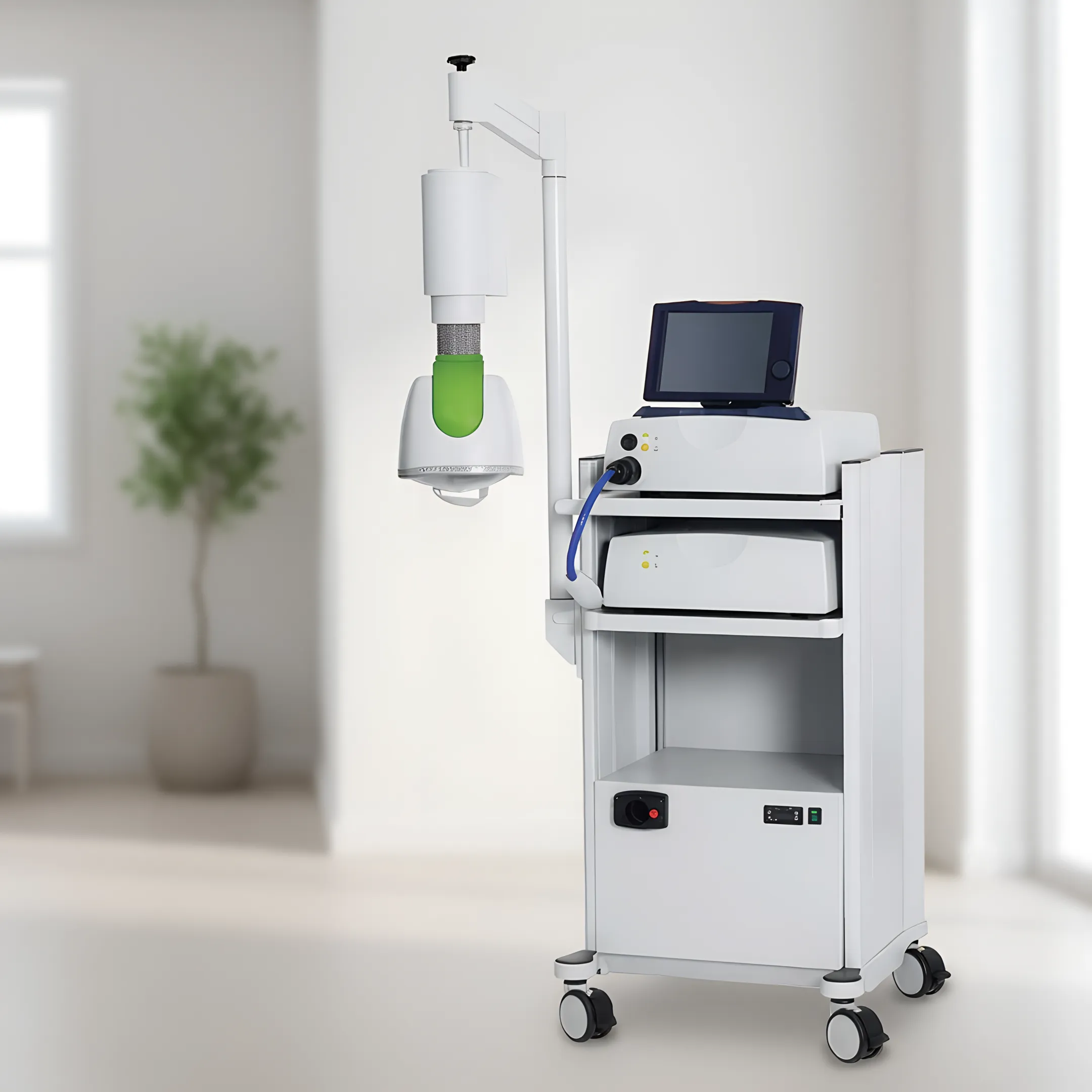Patient receiving non-invasive TMS therapy in a comfortable clinic