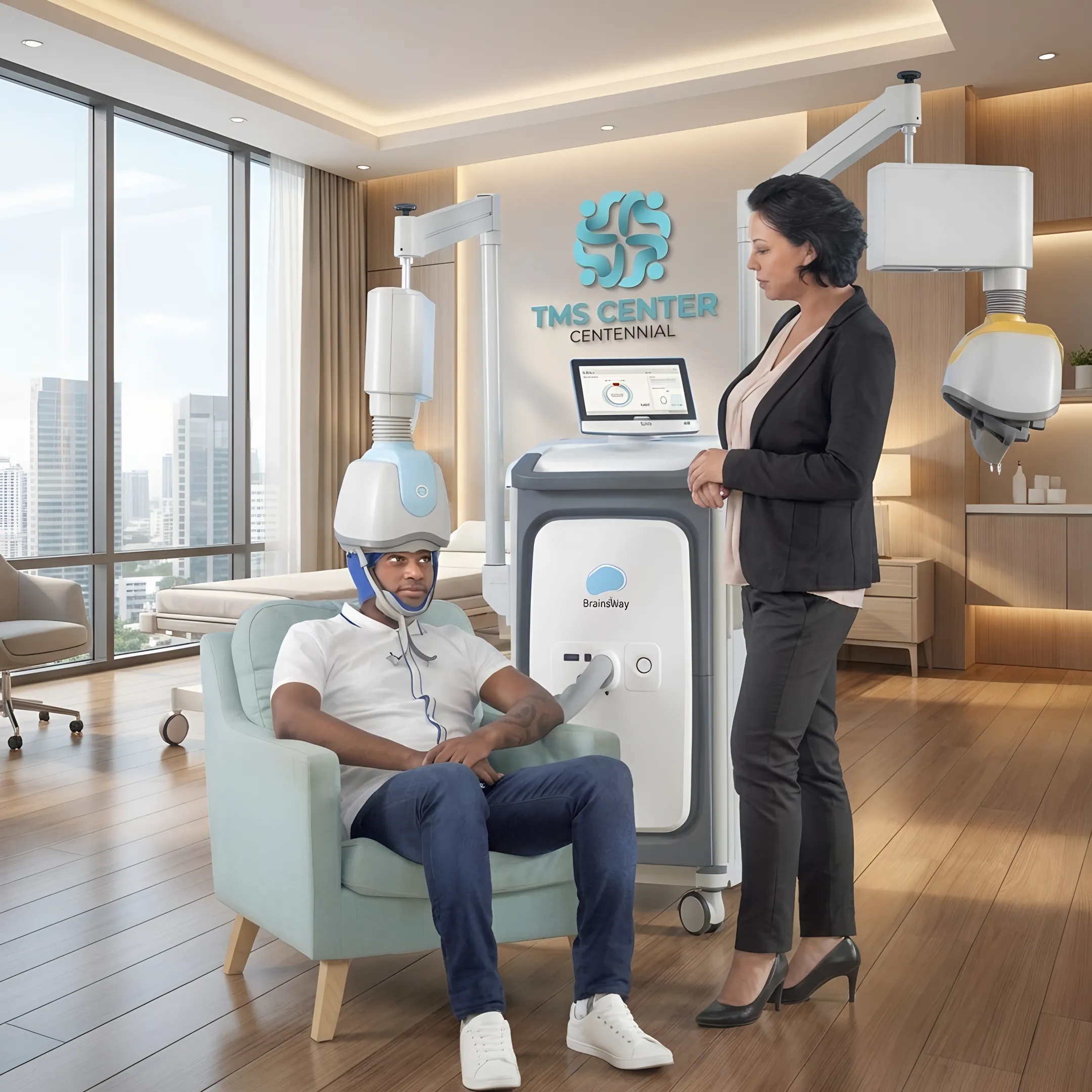 Patient receiving Deep TMS treatment in a calm clinic