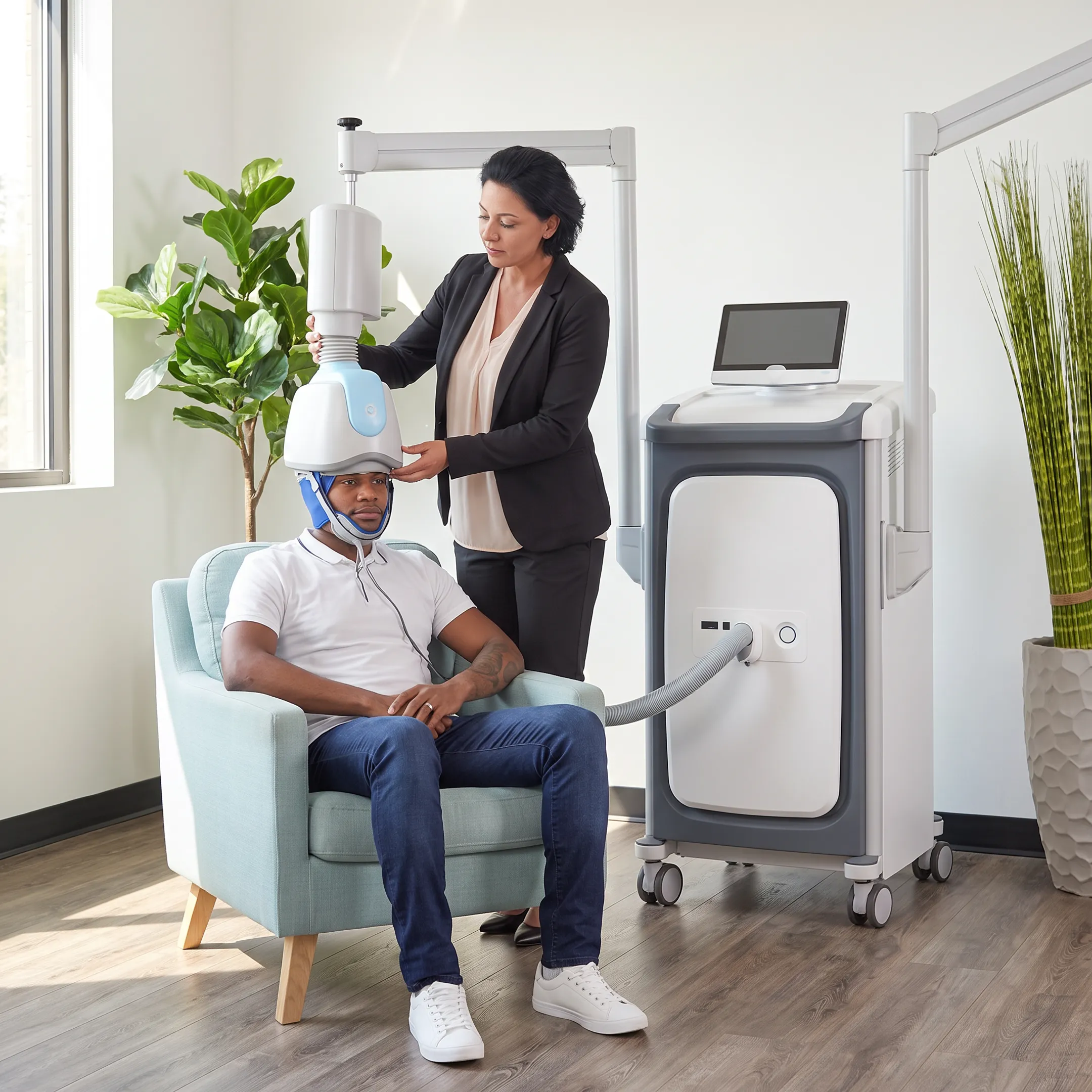 TMS coordinator preparing a patient for treatment