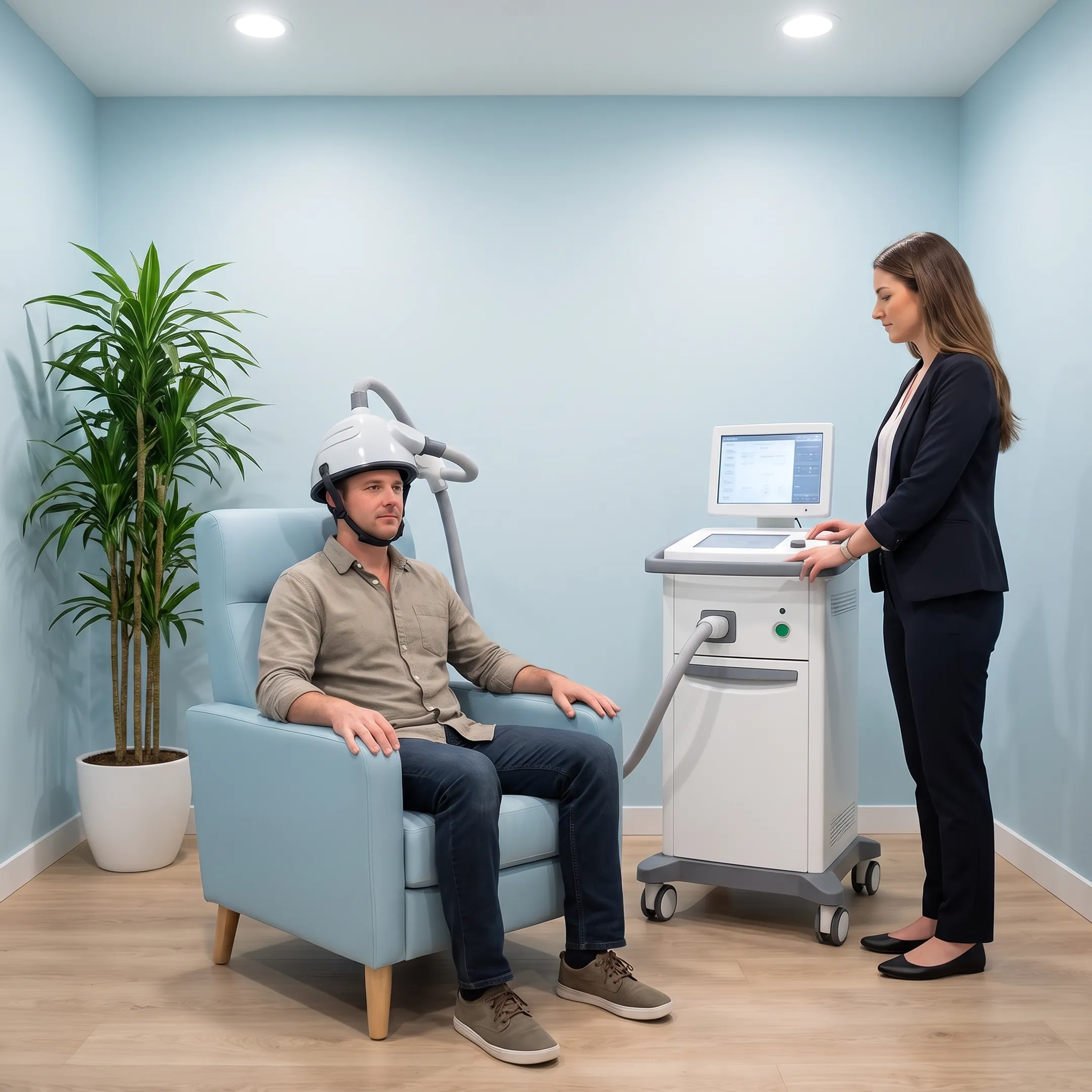 Clinician preparing a patient for Deep TMS therapy