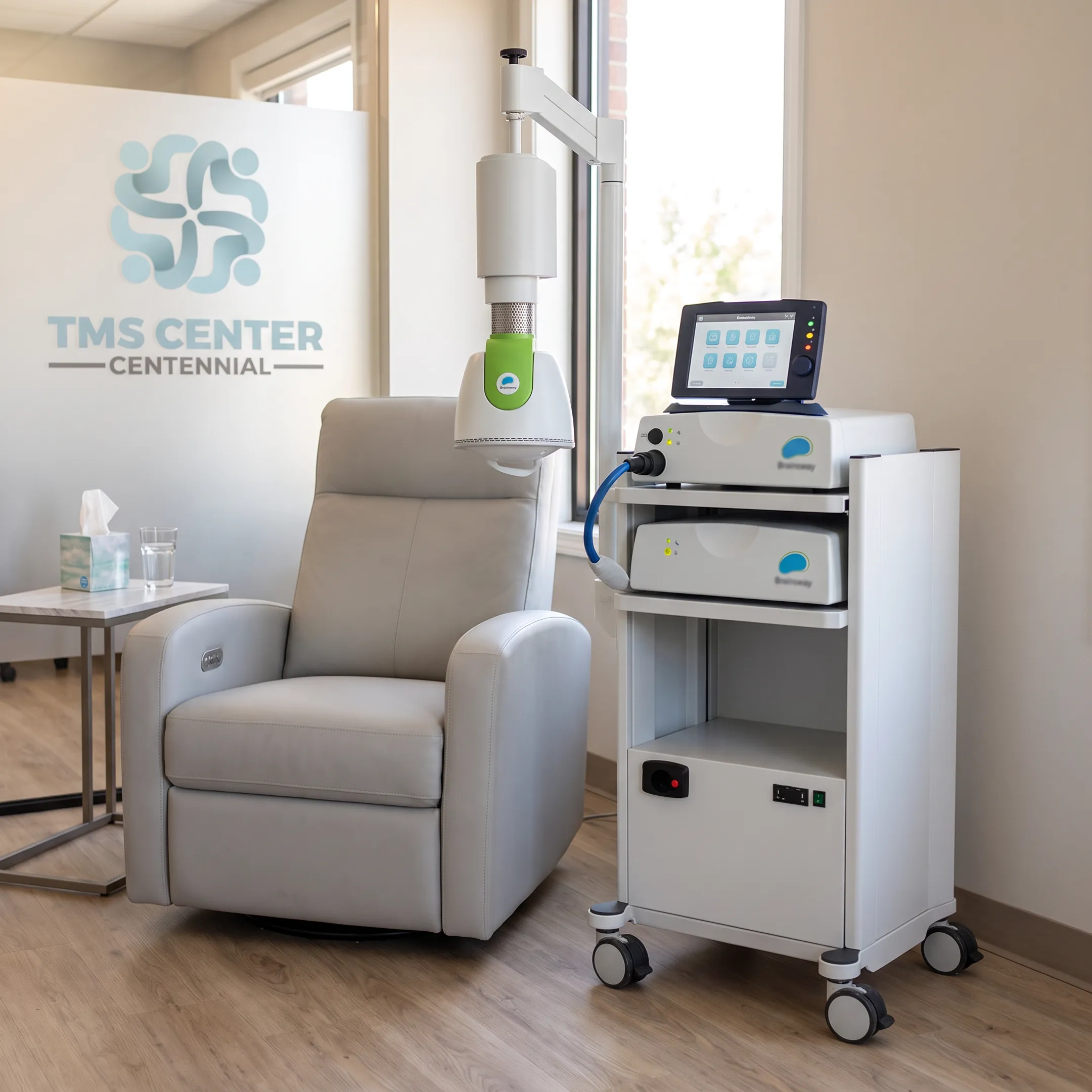 Patient receiving non-invasive TMS therapy